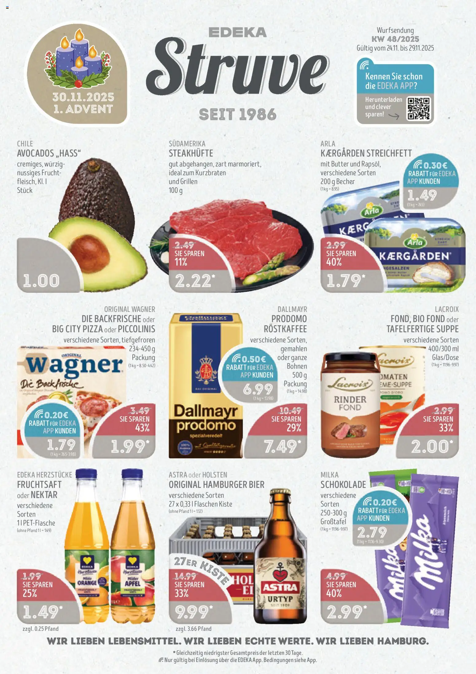 Vorschau von dem Prospekt des Geschäftes Edeka Struve, gültig ab dem 24.11.2025 - Pizza, Butter, Schokolade, Äpfel, Milka, Piccolinis, Astra, Holsten