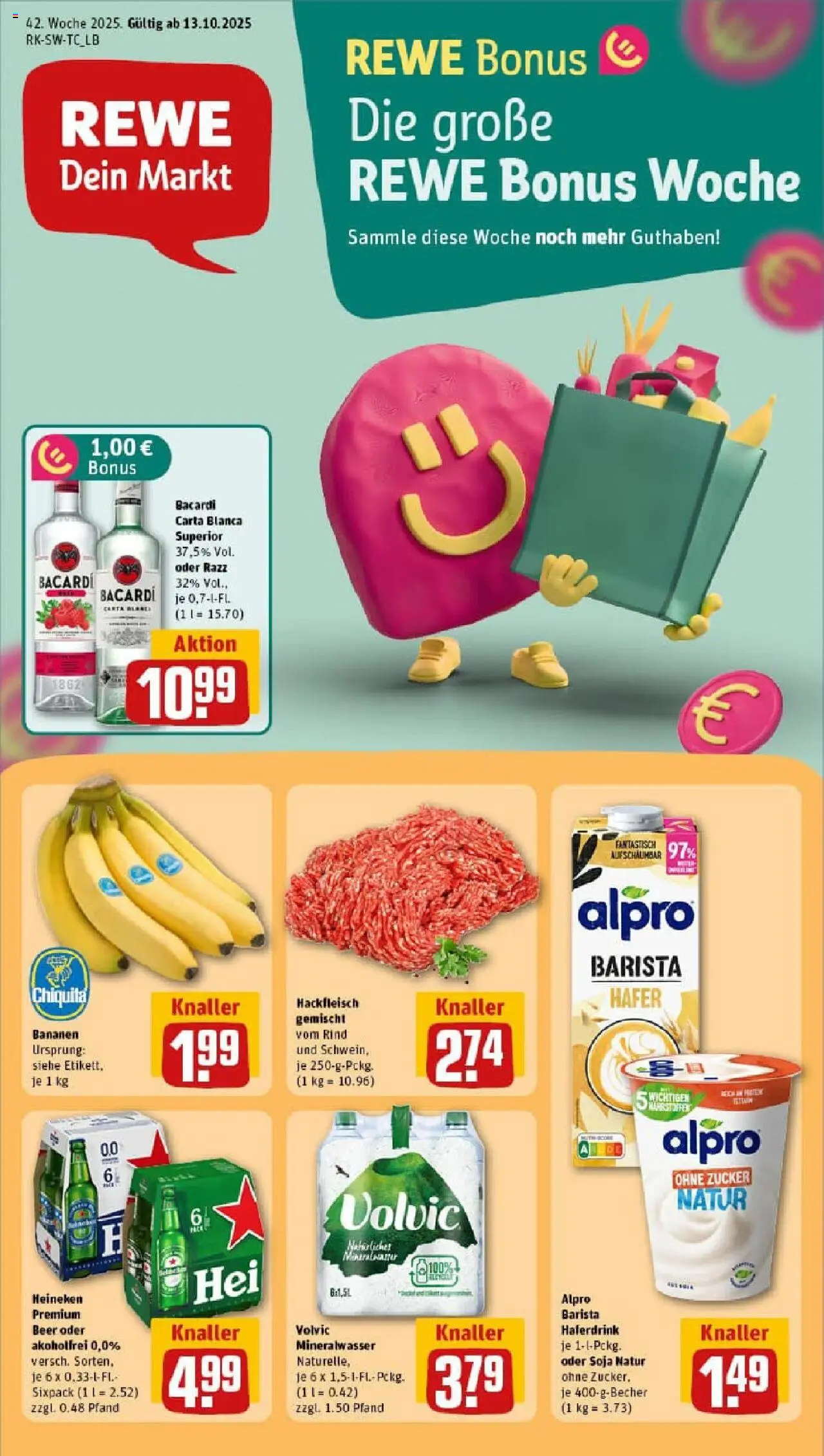 Vorschau von dem Prospekt des Geschäftes Rewe, gültig ab dem 13.10.2025 - Mineralwasser, Bacardi, Rum, Heineken, Zucker, Volvic, Alpro, Haferdrink