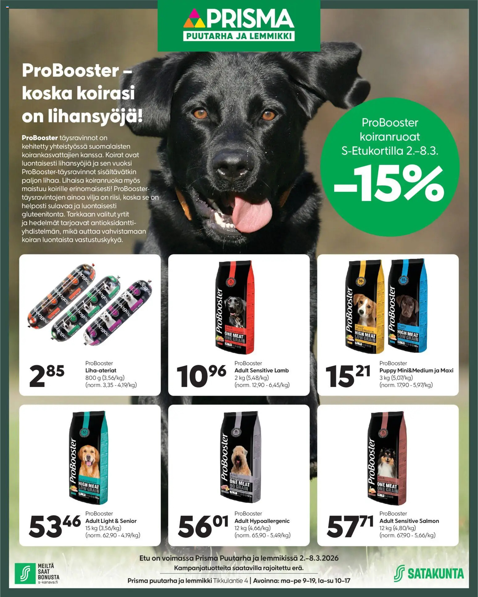 Kaupan Prisma Prisma Puutarha ja lemmikki ProBooster koiranruoat -etu esikatselu, voimassa 02/03/2026