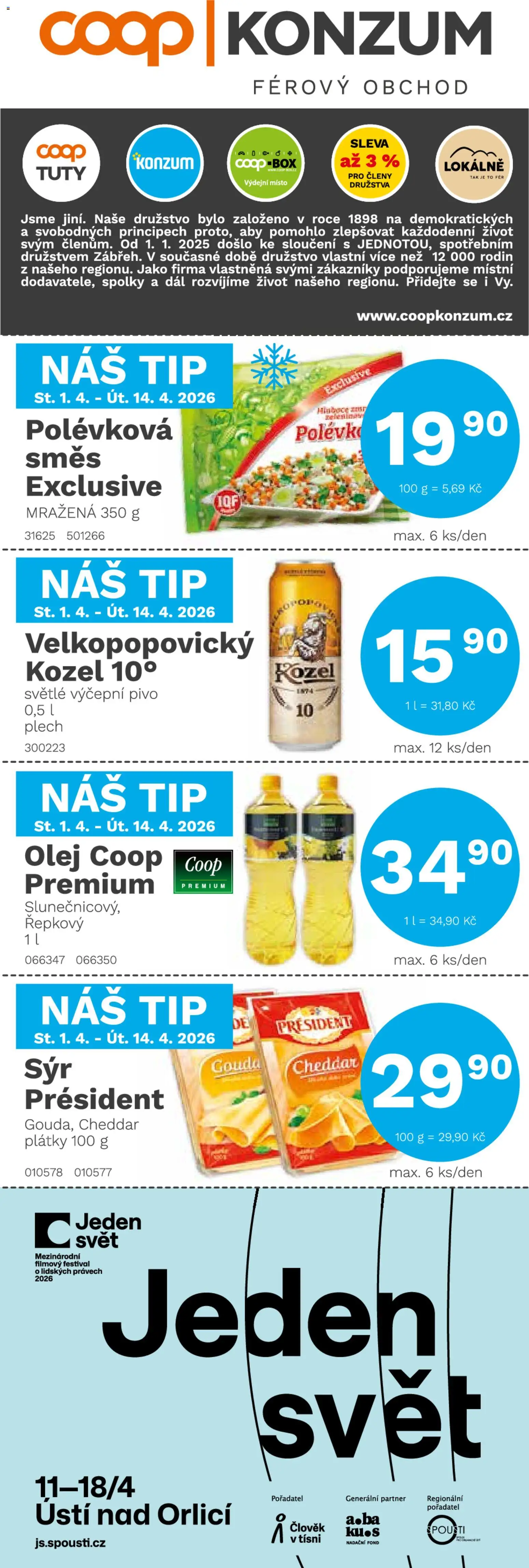 Náhled nabídky: Konzum Konzum leták platný od 01.04.2026 - Pivo, Box, Olej, Kozel, Plech, Cheddar, Gouda, Velkopopovický Kozel