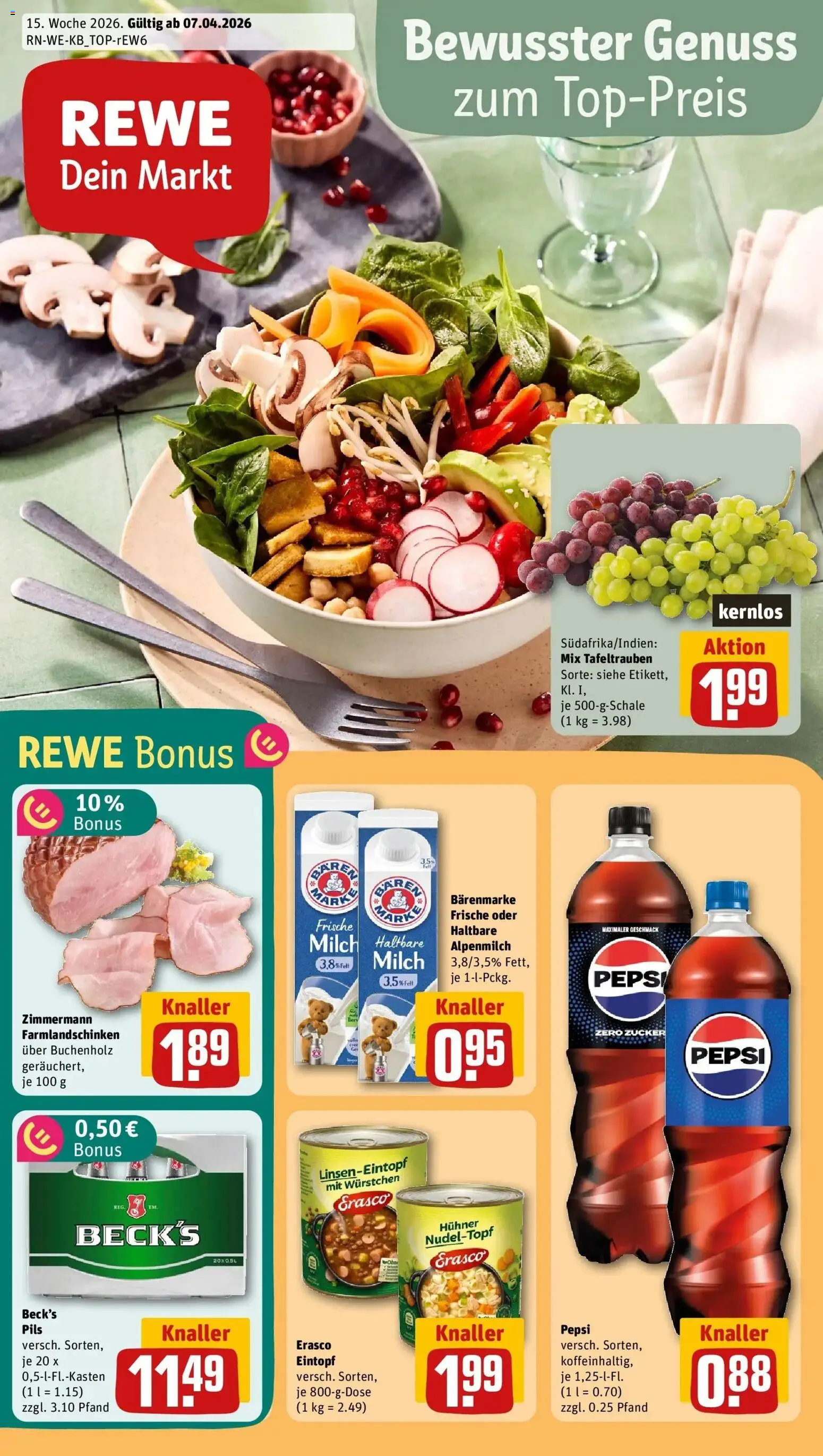 Vorschau von dem Prospekt des Geschäftes Rewe, gültig ab dem 05.04.2026 - Cola, Milch, Zucker, Pepsi, Haltbare milch, Pils, Erasco