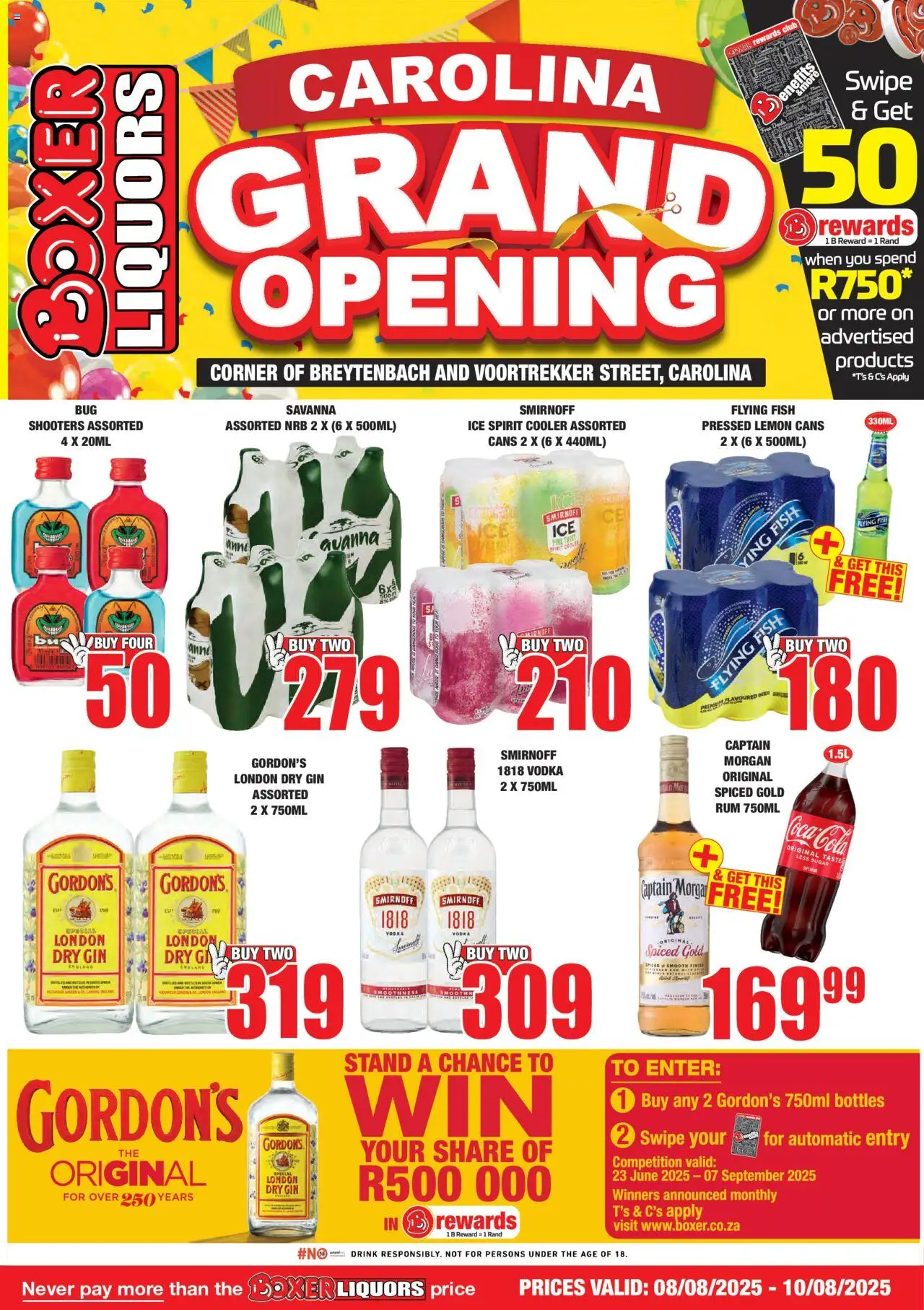Boxer Mpumalanga - Carolina Liquor Grand Opening from 08/08 - 10/08/2025 > Promotions - Fish, Gin, Vodka, Sugar, Beer, Lemon, Rum, Cooler