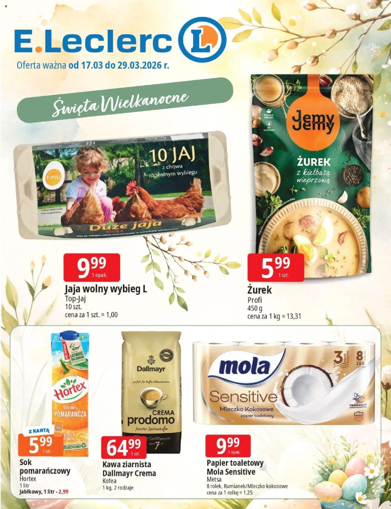 Pogląd gazetki "E.Leclerc gazetka - Wielkanoc" ze sklepu E.Leclerc ważnej od 17.03.2026 - Kawa, Zurek, Mleczko kokosowe, Papier toaletowy, Kiełbasa, Karta, Dallmayr, Jaja