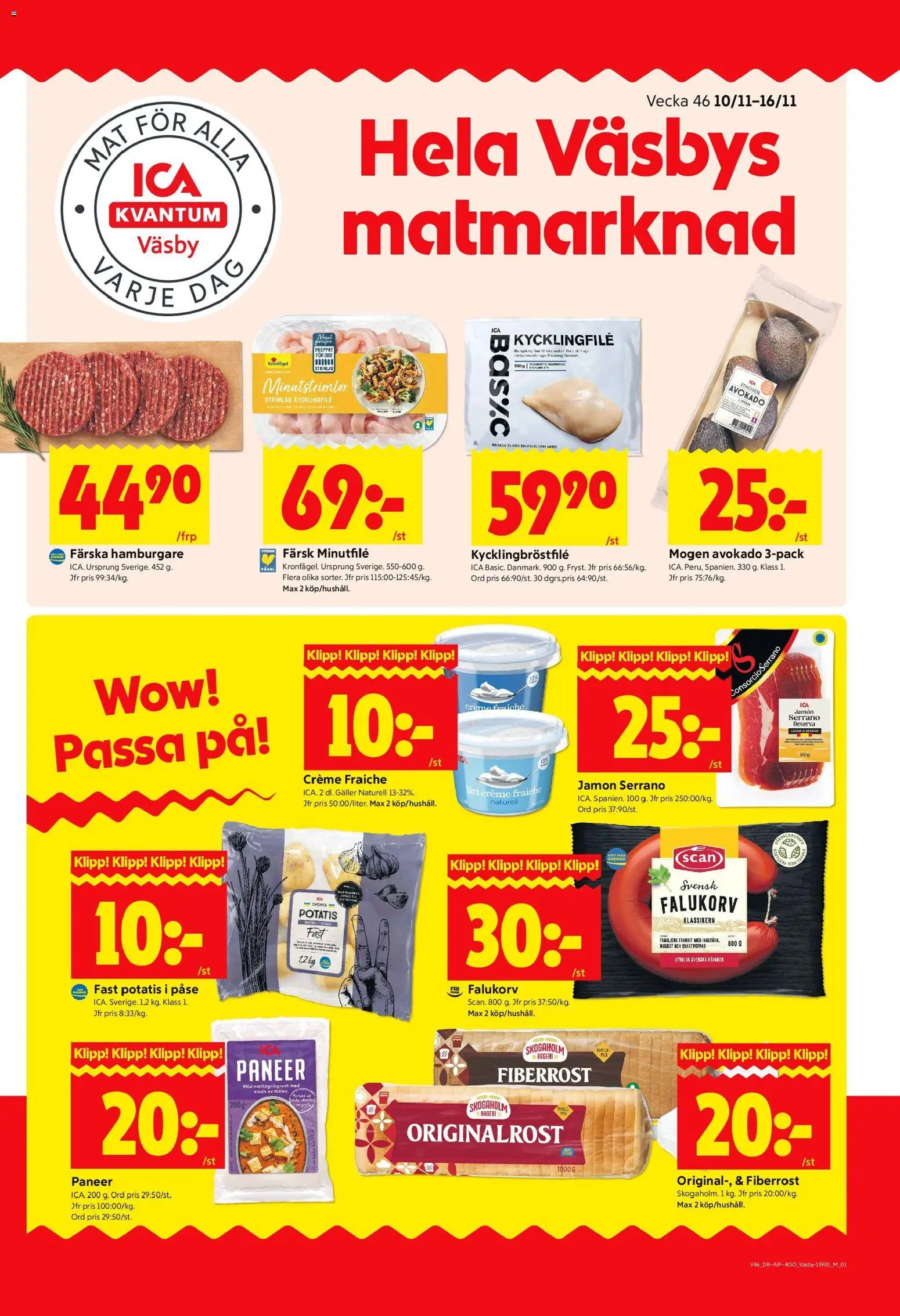 Förhandsgranska reklamblad Upplands Väsby från butik ICA Kvantum gäller från 10/11/2025 - Bageri, Hamburgare, Creme fraiche, Falukorv, Potatis, Avokado, Kycklingfile, Galler