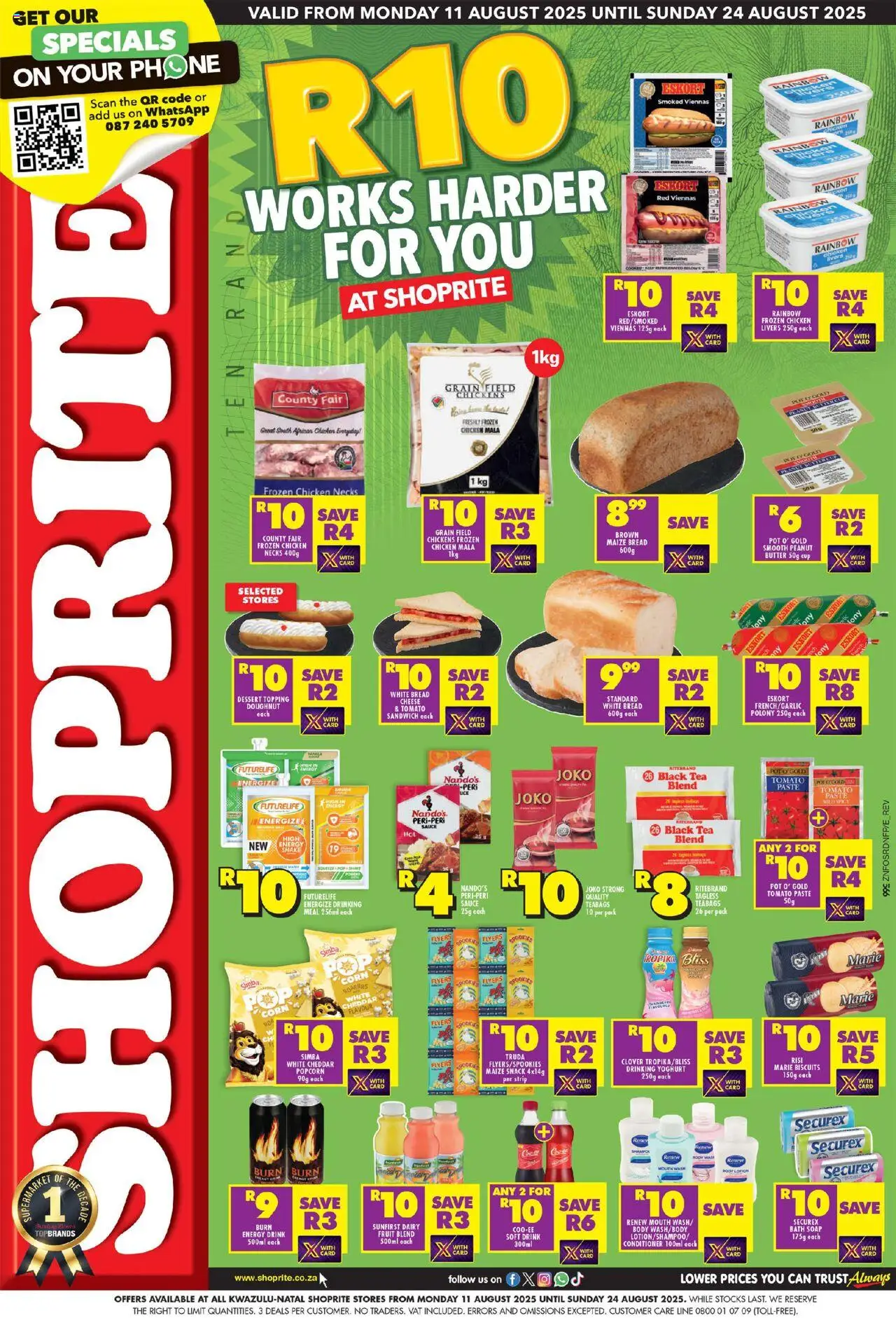 Shoprite KwaZulu-Natal - R10 Works Harder 11/08 - 24/08/2025 >> Catalogue - Popcorn, Dessert, Tea, Cheese, Peanut butter, Conditioner, Cheddar, Frozen chicken