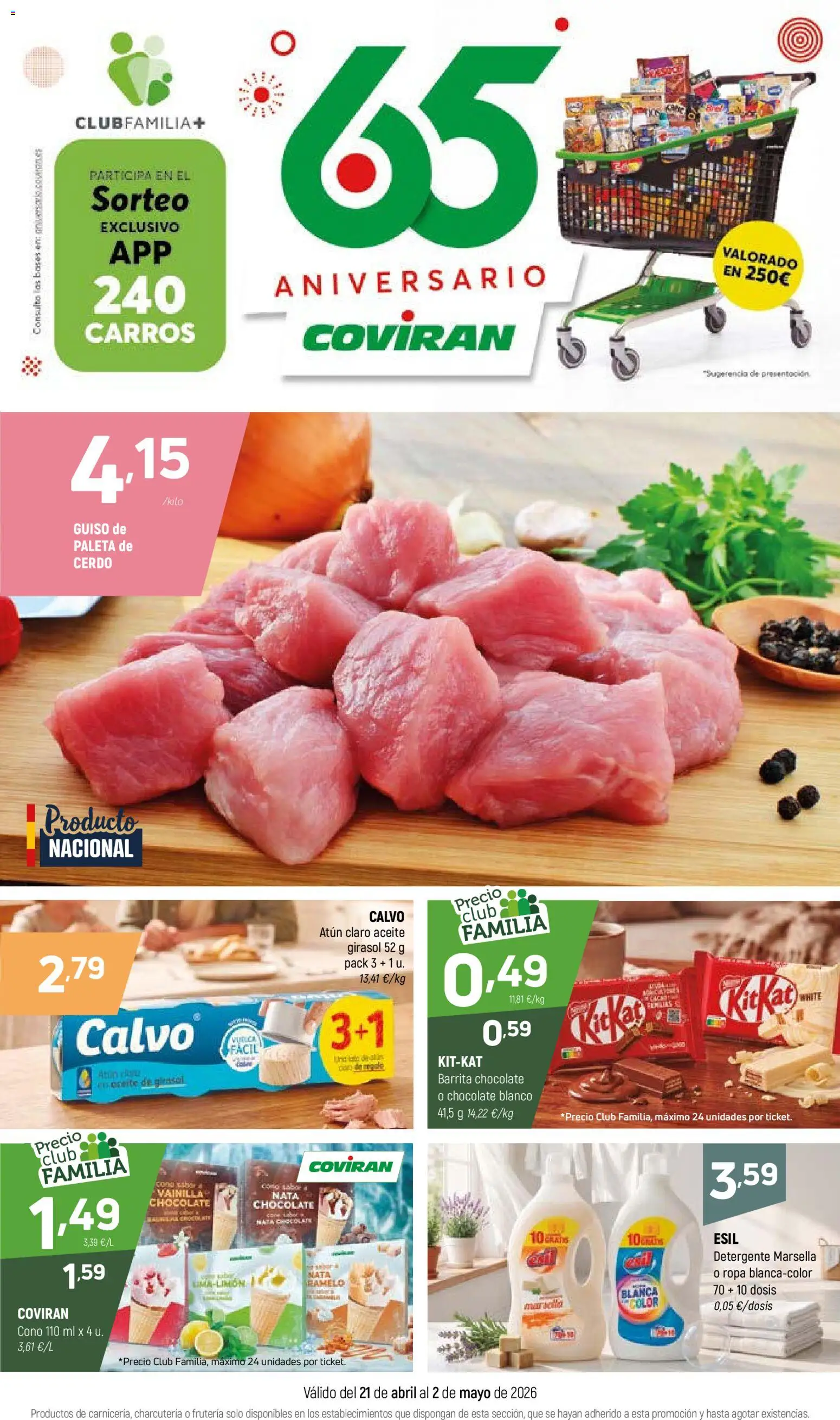 Vista previa del folleto de la tienda Coviran válido desde el 21/04/2026 - Chocolate, Ropa, Aceite, Atún, Vainilla, Detergente, Chocolate blanco, Paleta de cerdo