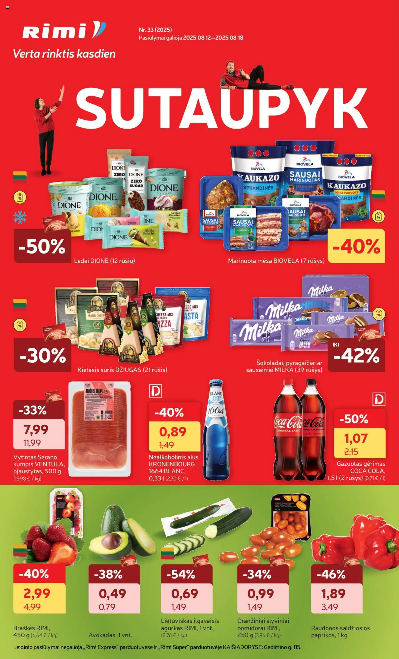Rimi leidinys galioja nuo 2025.08.12 – puslapio numeris 1 - Alus, Sausainiai, Ledai, Agurkas, Braškės, Pomidorai, Kumpis, Nealkoholinis alus