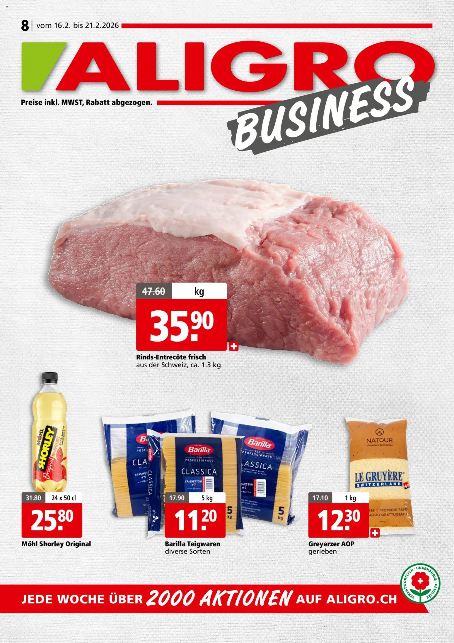 Vorschau des Merkblatts Aktionen Business Schlieren, Gossau SG, Frauenfeld, Rapperswil-Jona, Sargans, Bern, Brüttisellen, Pratteln, Emmen, Spreitenbach vom Shop Aligro gültig von 16.02.2026 bis 21.02.2026