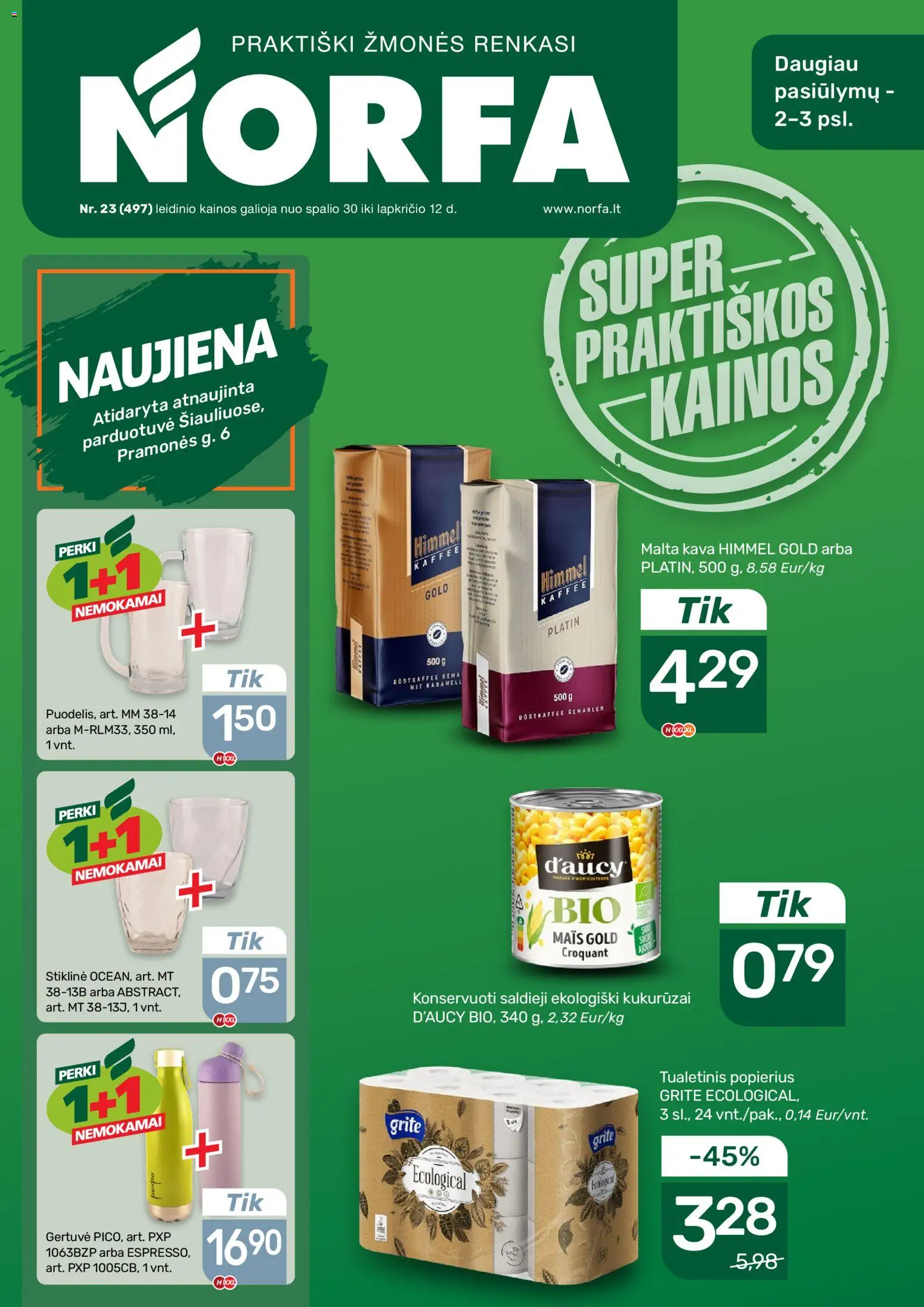 NORFA parduotuvės leidinio Leidinys galiojančio nuo 2025.10.30 peržiūra - Kava, Tualetinis popierius, Kukurūzai