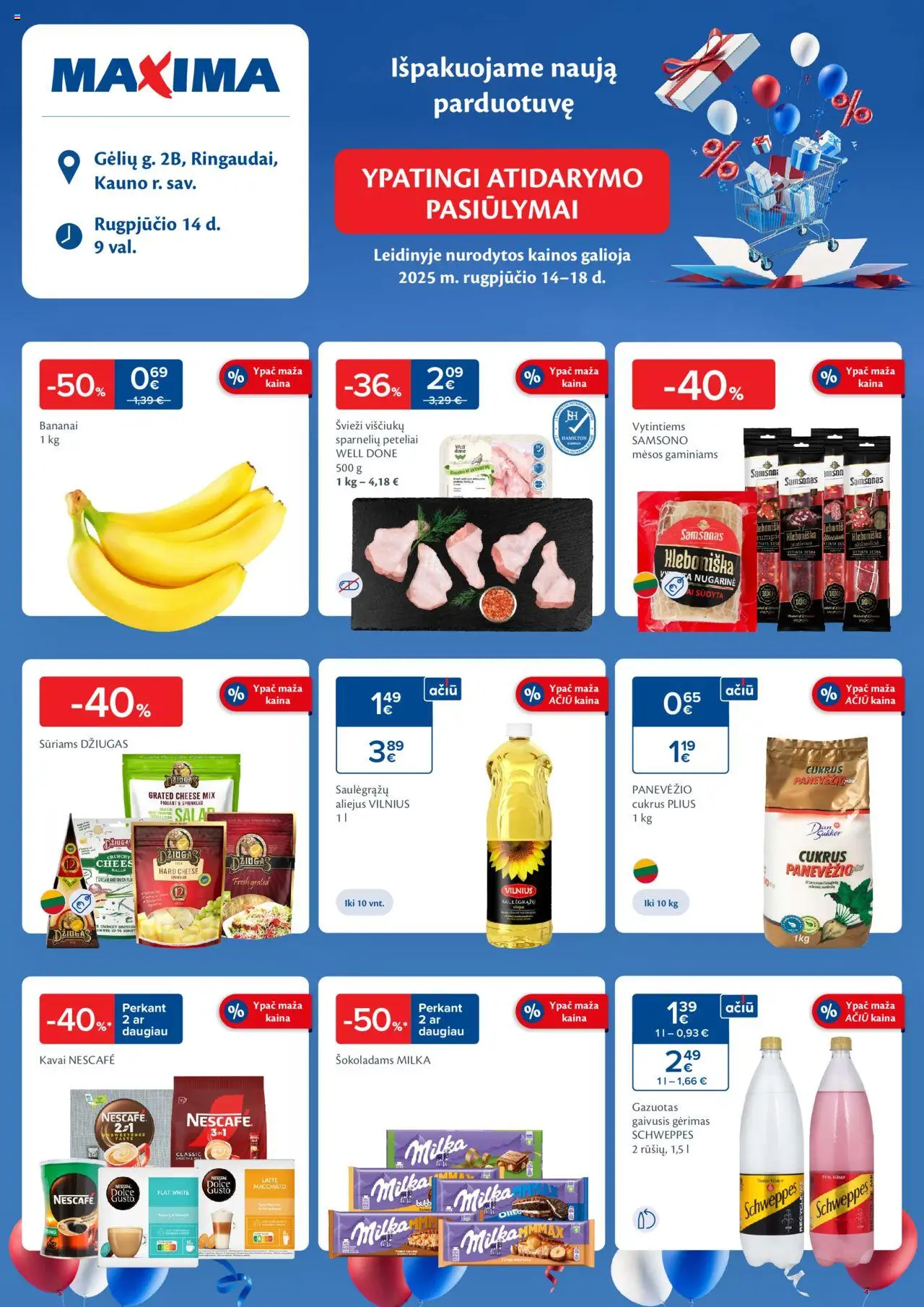 MAXIMA leidinys galioja nuo 2025.08.14 – puslapio numeris 1 - Aliejus, Cukrus, Bananai, Gaivusis gėrimas, Viščiukų