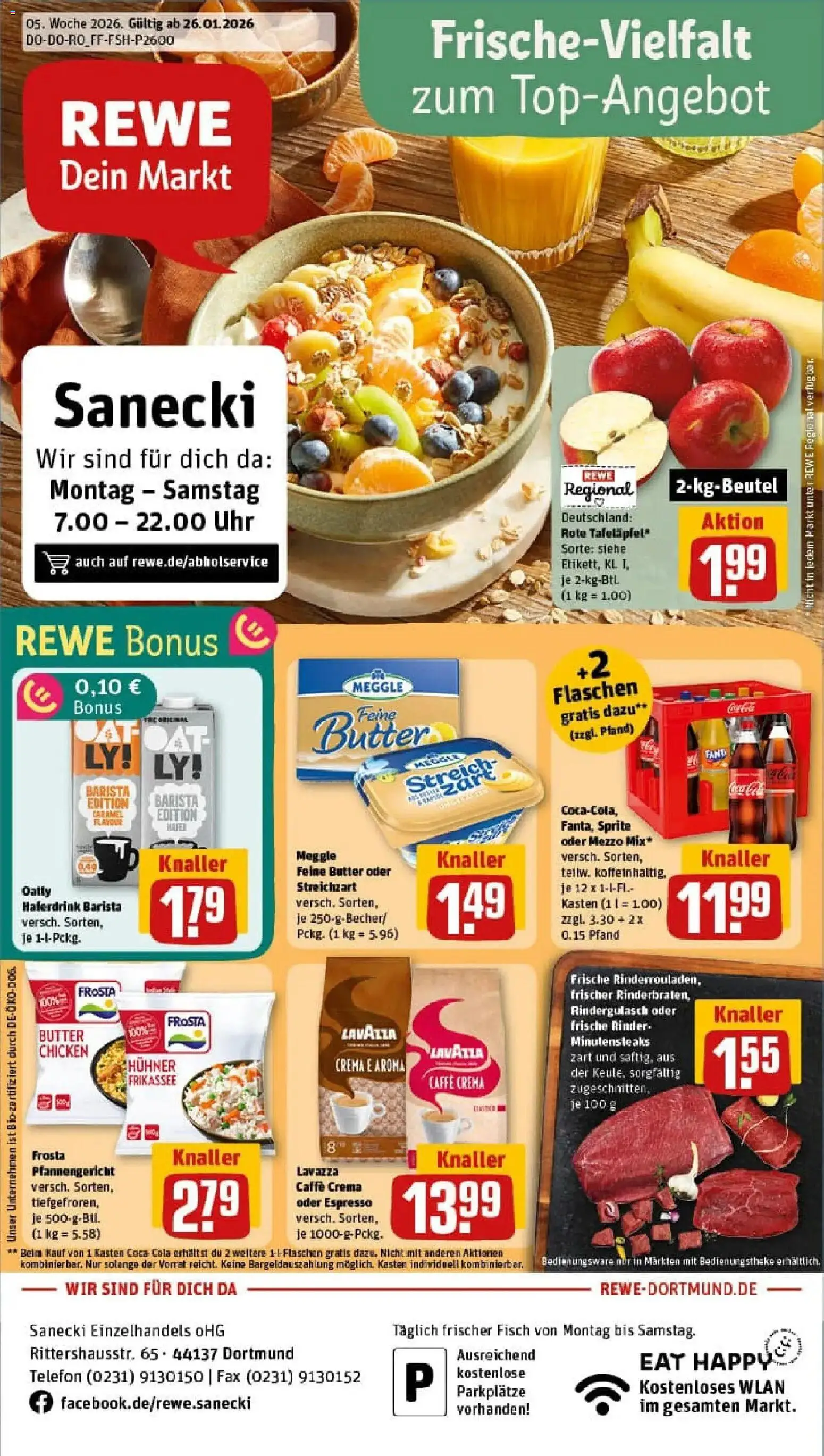 Vorschau von dem Prospekt des Geschäftes Rewe, gültig ab dem 26.01.2026 - Uhr, Telefon, Butter, Rindergulasch, Lavazza, Frosta, Sprite, Haferdrink