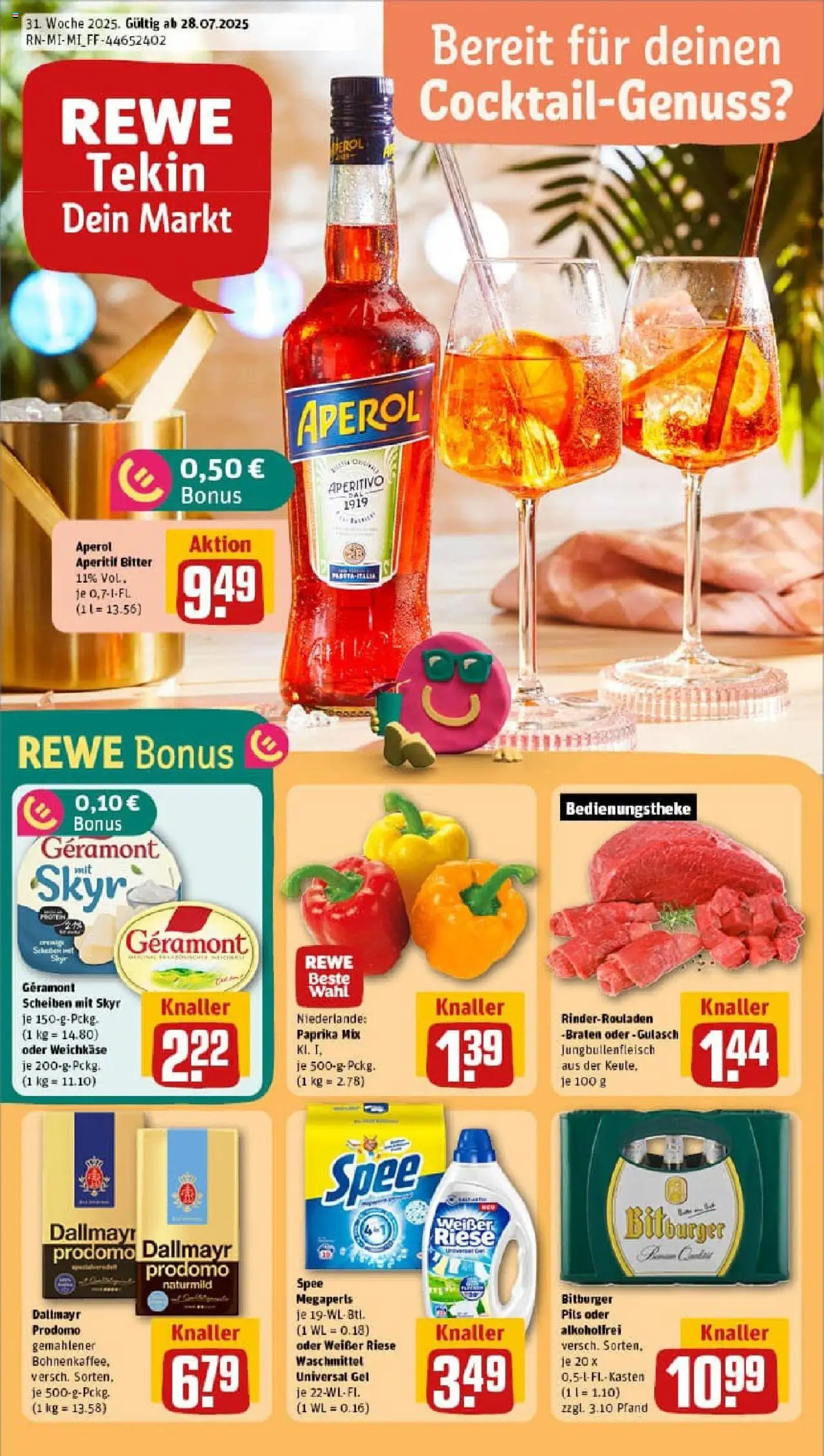 REWE Prospekt ab 27.07.2025 nächste Woche - Prospekt Heusenstamm - Aperol, Gulasch, Spee, Rinderrouladen, Waschmittel, Bitburger, Geramont, Pils