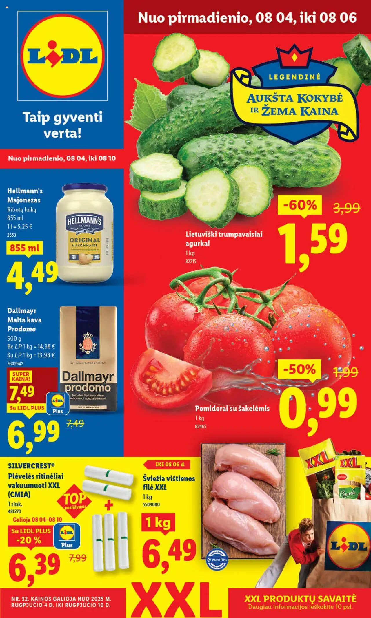 LIDL leidinys galioja nuo 2025.08.04 – puslapio numeris 1 - Kava, Pomidorai, Majonezas, Agurkai, Vištienos