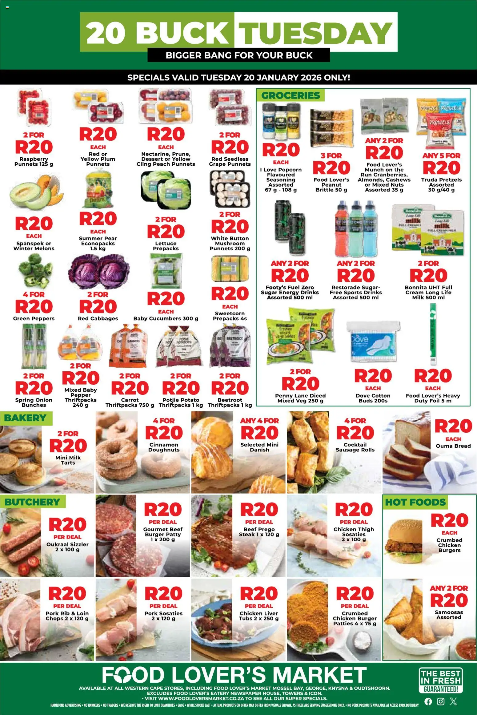 Preview of Food Lover's Market flyer valid from 20/01/2026 - Bakery, Sugar, Peach, Cucumbers, Beef, Lettuce, Samoosas, Pepper