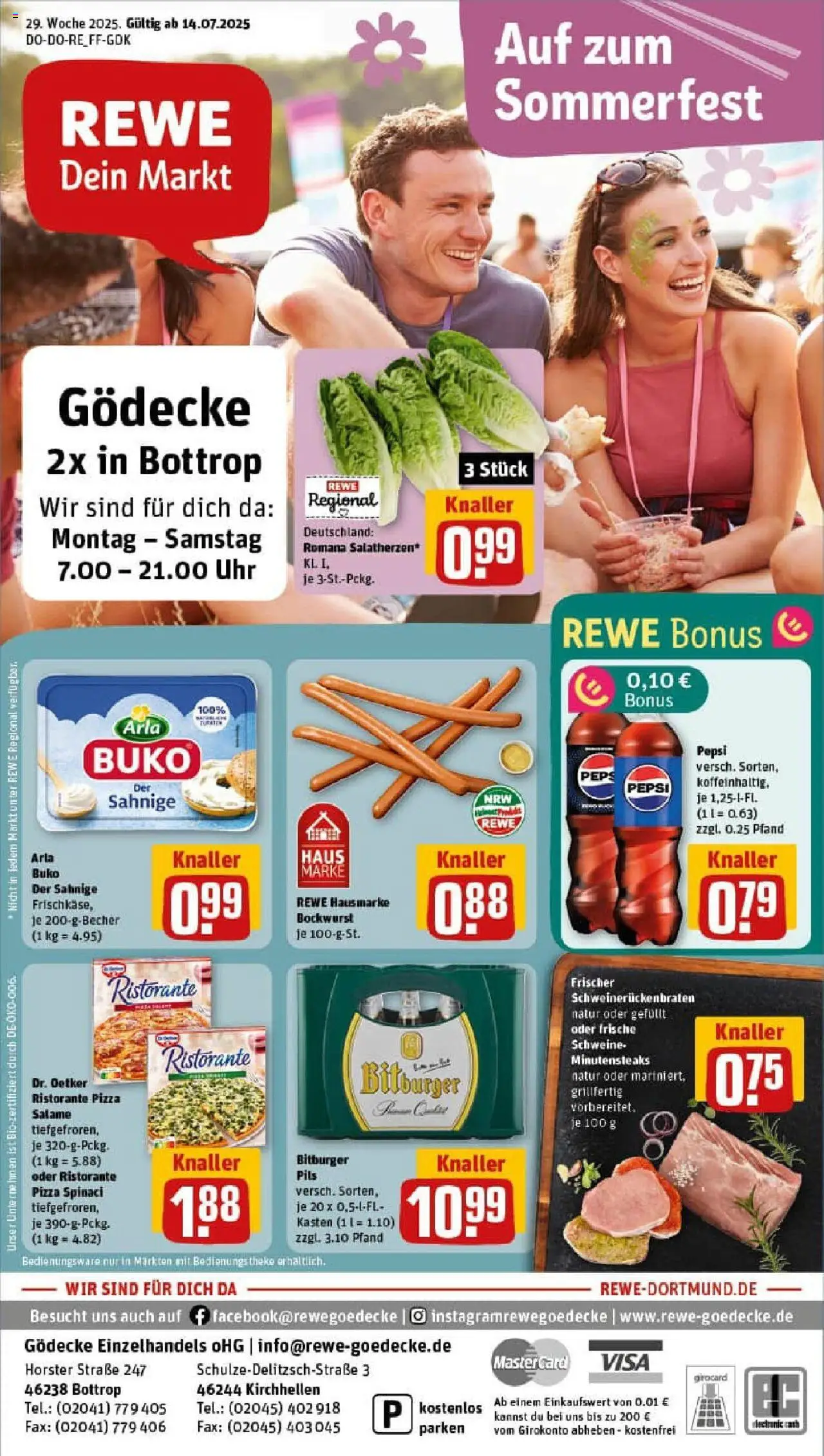 REWE Prospekt ab 13.07.2025 nächste Woche - Prospekt Bottrop - Pizza, Uhr, Ristorante, Bockwurst, Bitburger, Pepsi, Theke, Arla buko