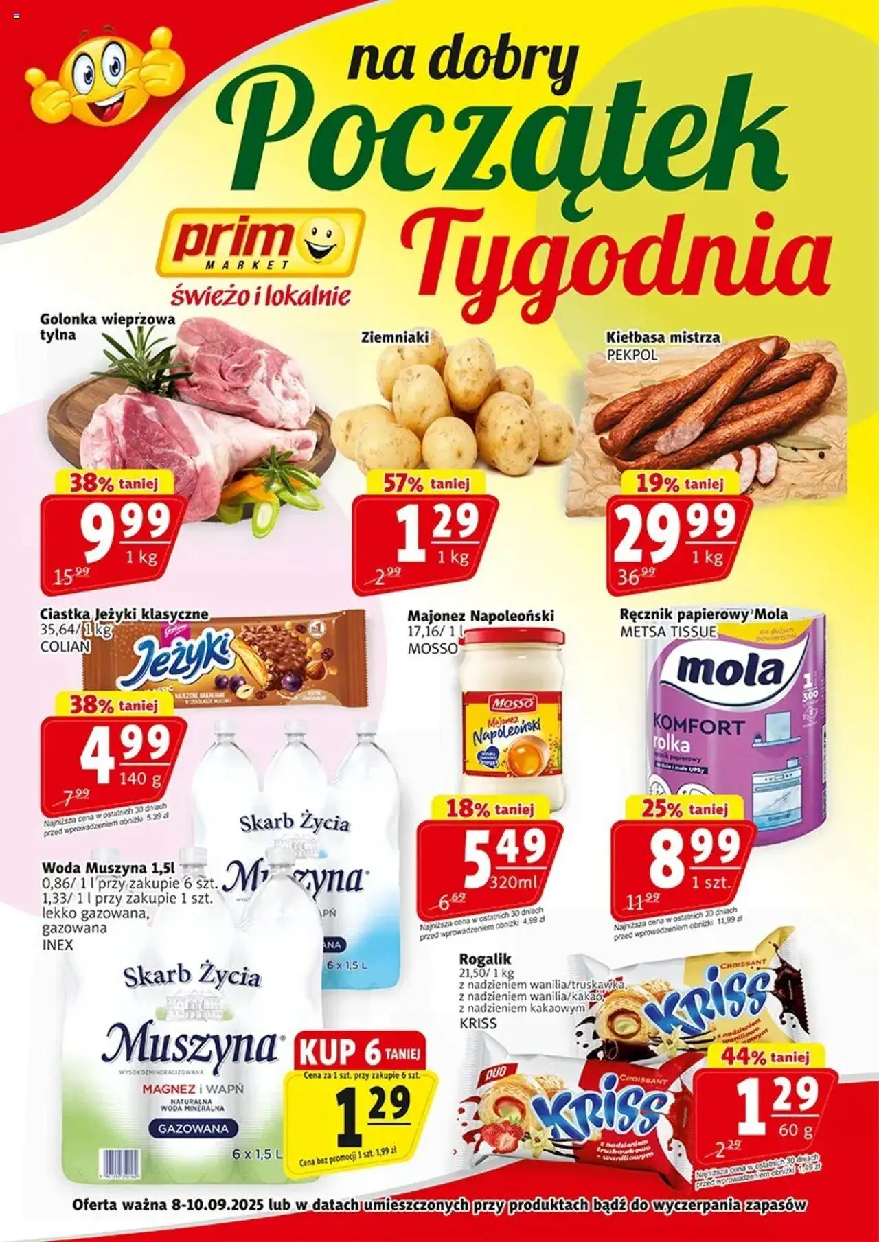 Prim Market Na dobry poczatek tygodnia od 08.09.2025 - Nowa Gazetka - Numer strony 1 - Woda, Croissant, Ciastka, Kiełbasa, Majonez, Ręcznik papierowy, Ciastka Jeżyki, Golonka wieprzowa