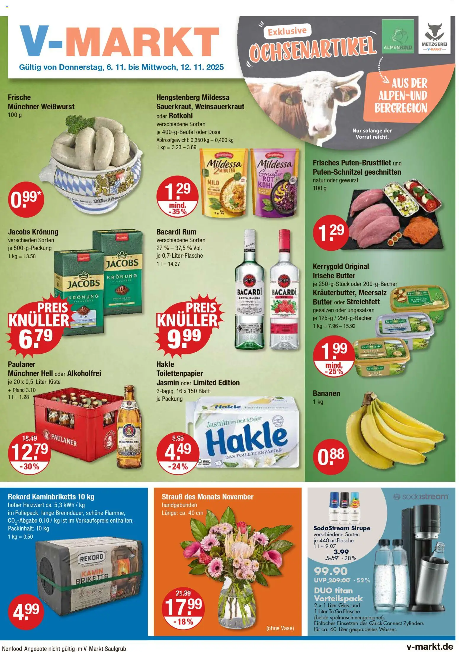 Vorschau von dem Prospekt des Geschäftes V-Markt, gültig ab dem 06.11.2025 - Sodastream, Kamin, Bacardi, Rum, Vase, Weißwurst, Duft, Putenschnitzel