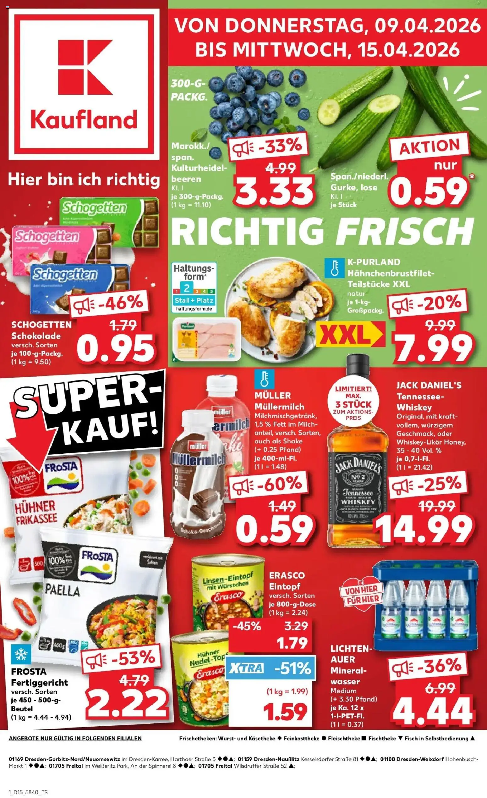 Vorschau von dem Prospekt des Geschäftes Kaufland, gültig ab dem 08.04.2026 - Wasser, Wurst, Milch, Frosta, Whiskey, Müllermilch, Jack Daniel's, Erasco