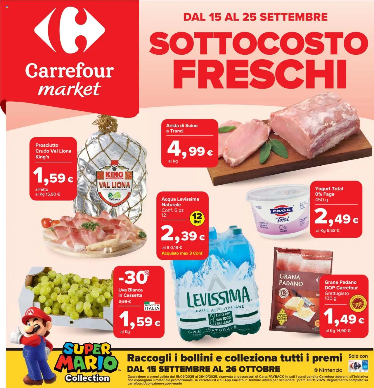 Volantino Carrefour valido da 15/09/2025 numero di pagina 1 - Acqua, Yogurt, Prosciutto, Uva, Grana Padano, Suino