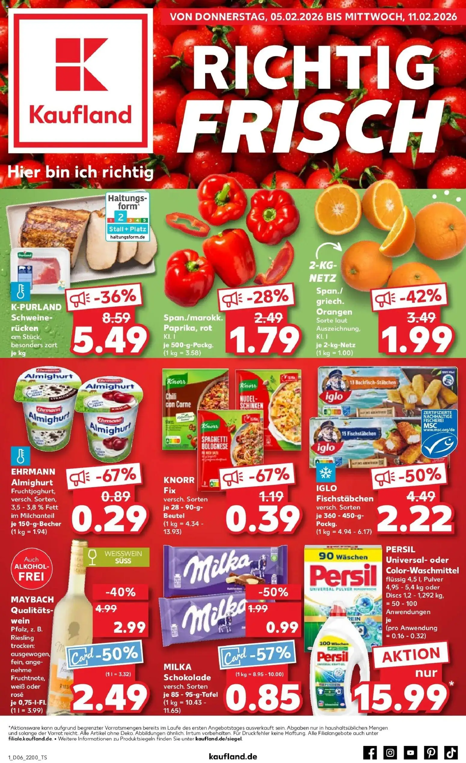 Vorschau von dem Prospekt des Geschäftes Kaufland, gültig ab dem 05.02.2026 - Spaghetti, Alkohol, Milka schokolade, Schinken, Persil, Knorr fix, Schweinerucken, Fischstabchen