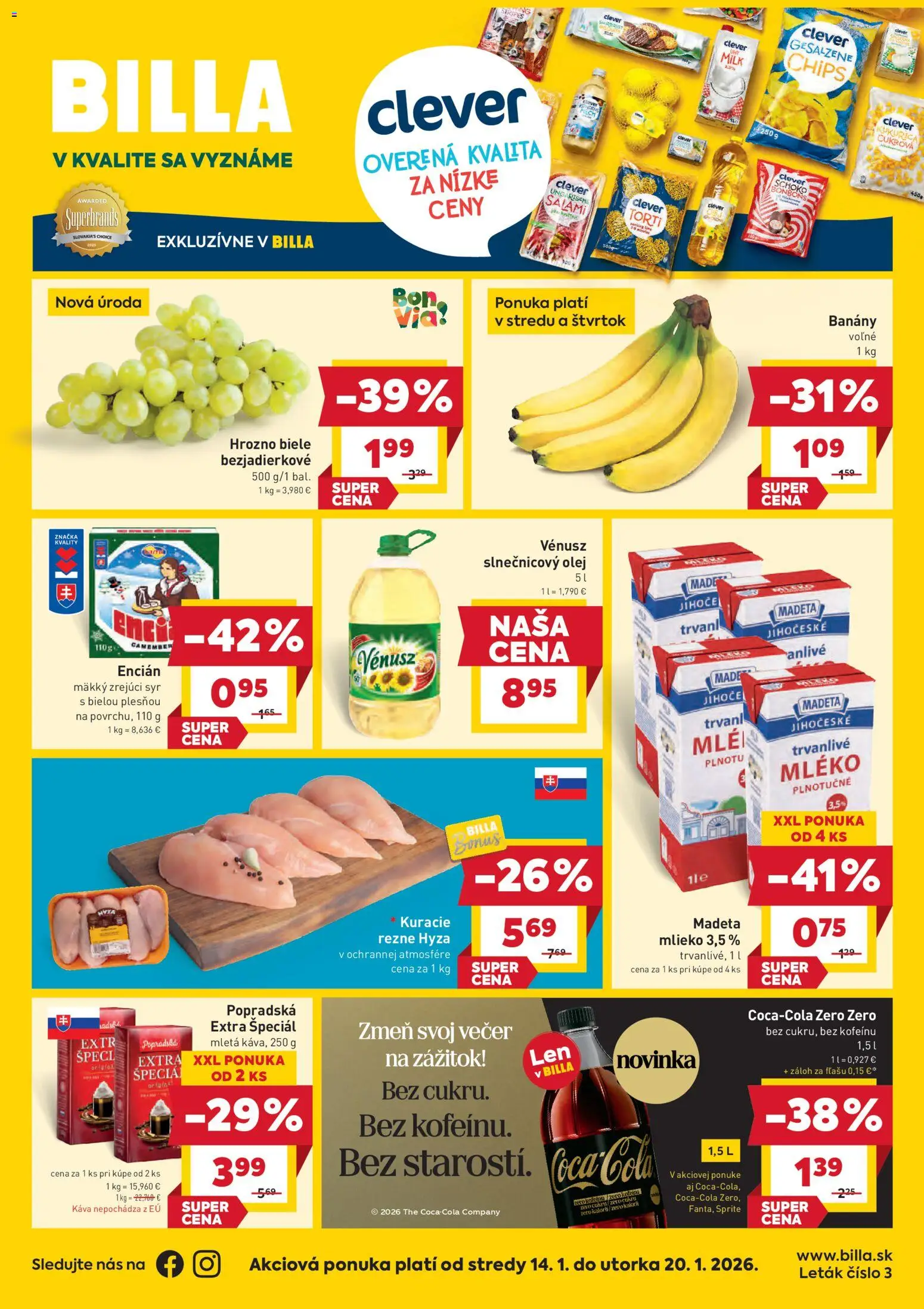 Náhľad Billa letáku platného od 14.01.2026 - Káva, Syr, Olej, Hrozno, Sprite, Slnečnicový olej, Encián, Banány