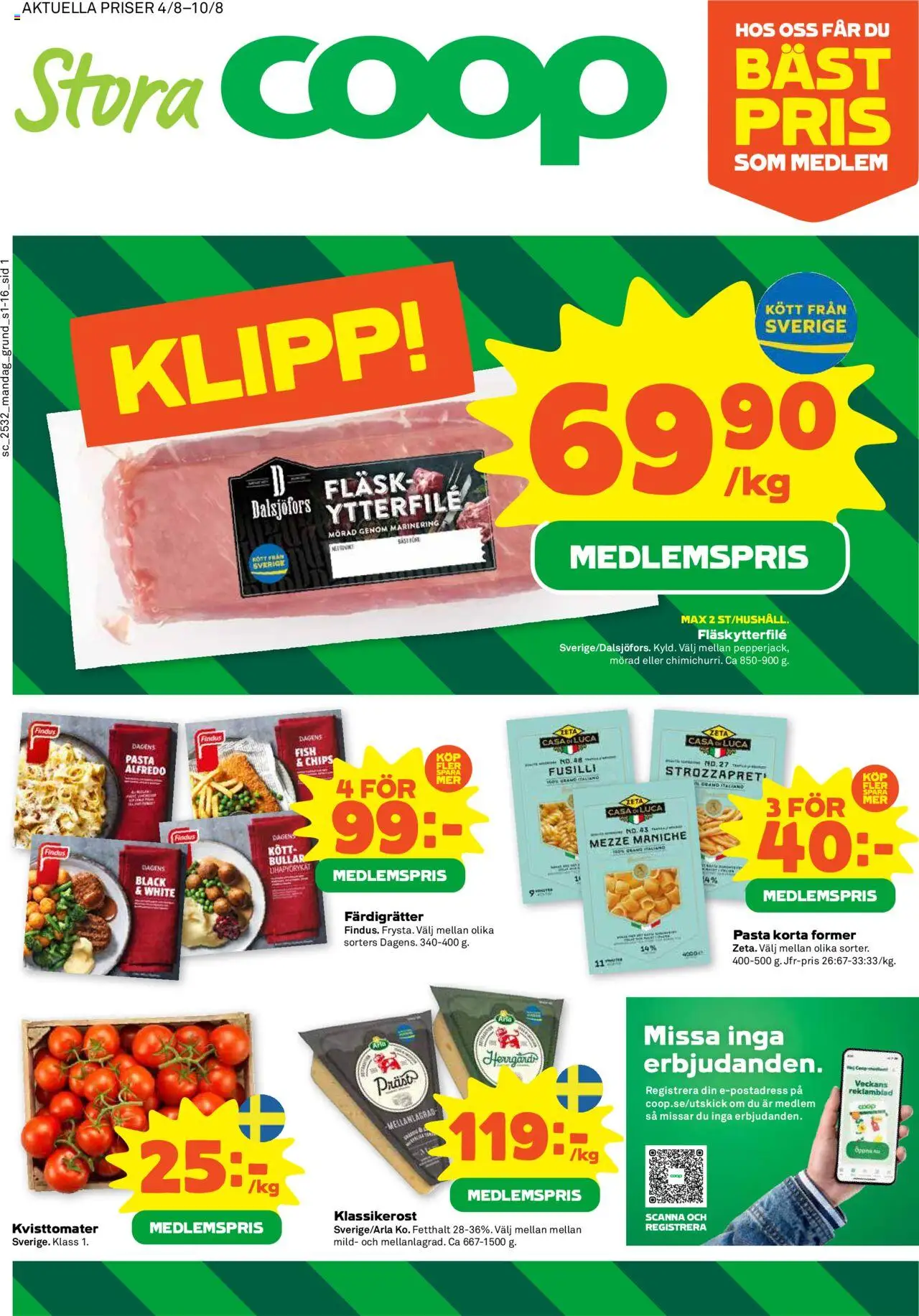 Boden är giltig 04/08 2025 > Veckans Erbjudanden gäller från 04/08/2025 till 10/08/2025 sidnummer 1 - Pasta, Chips, Kött, Fläsk, Färdigrätter, Fläskytterfilé