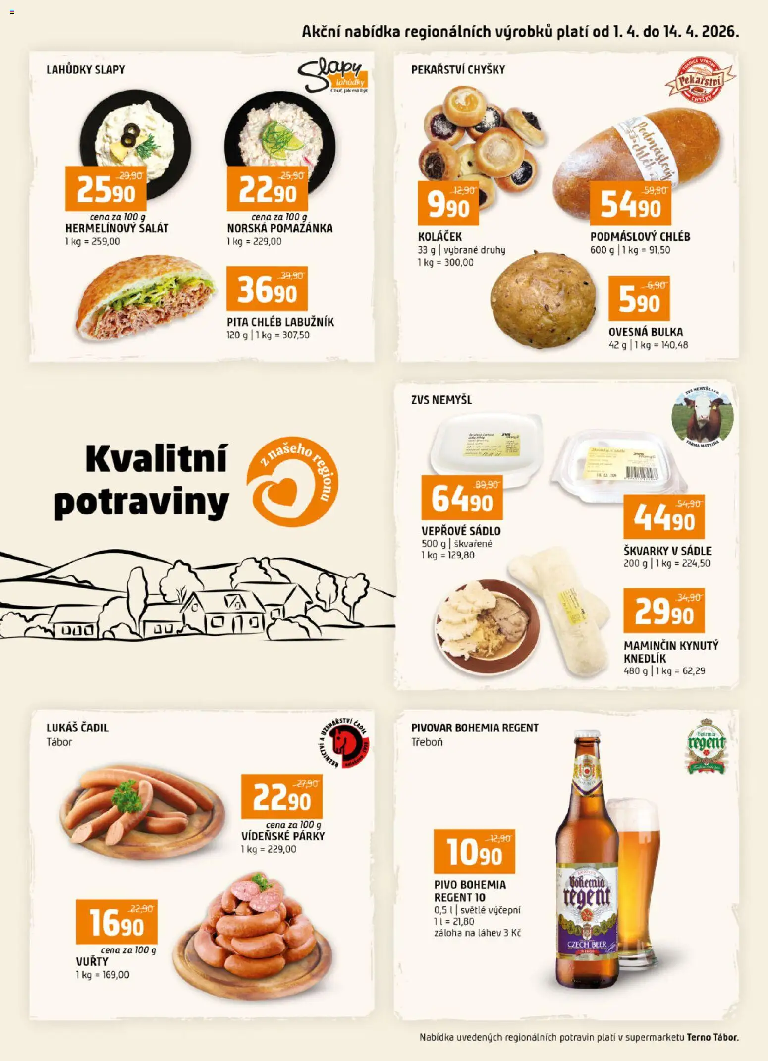 Náhled nabídky: Terno Terno leták - Tábor platný od 01.04.2026 - Potraviny, Knedlík, Chléb, Párky, Škvarky, Sádlo, Pita chléb, Vepřové sádlo