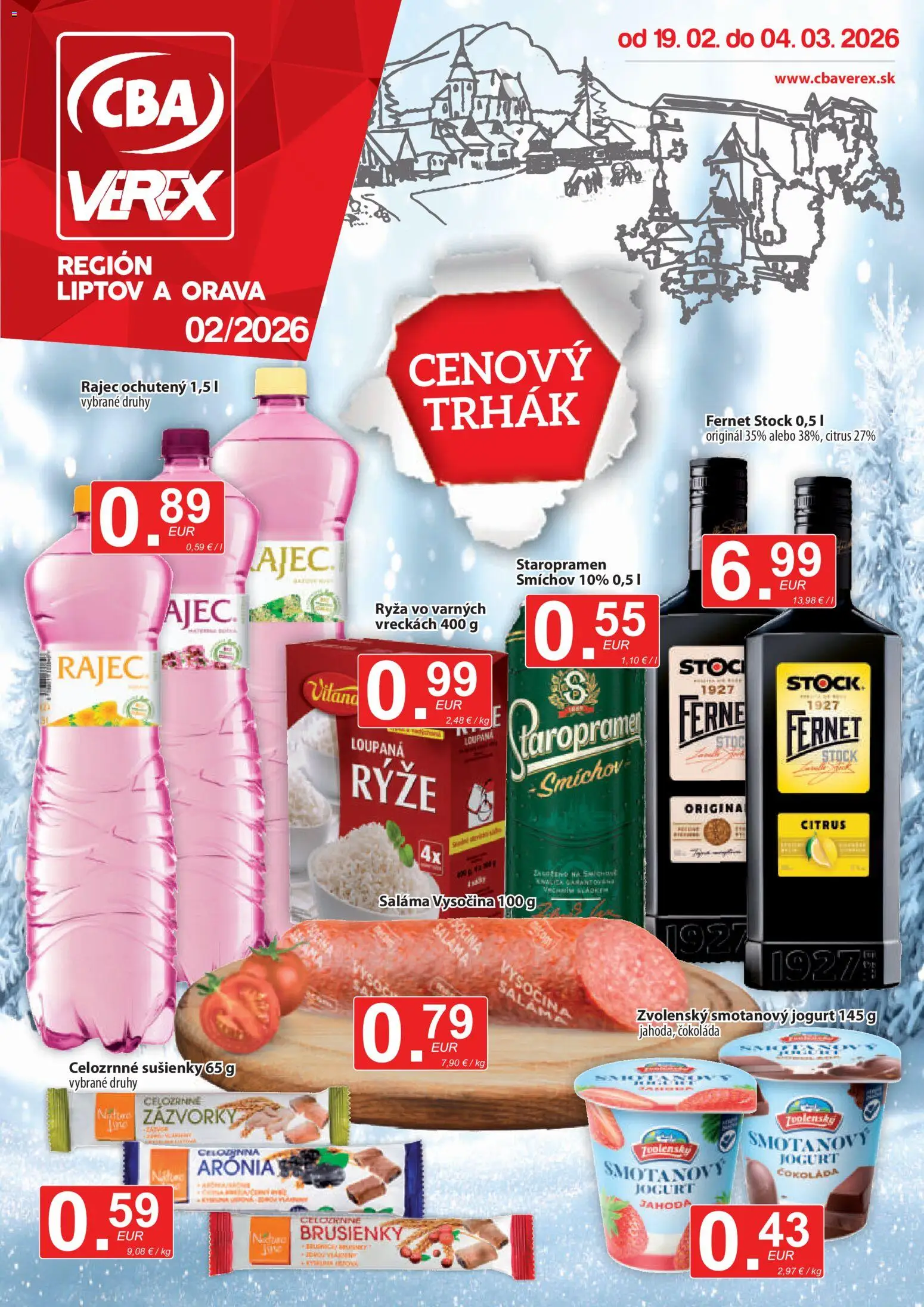Náhľad CBA Verex letáku platného od 19.02.2026 - Rajec, Čokoláda, Jogurt, Fernet, Fernet Stock, Saláma, Sušienky, Smotanový jogurt