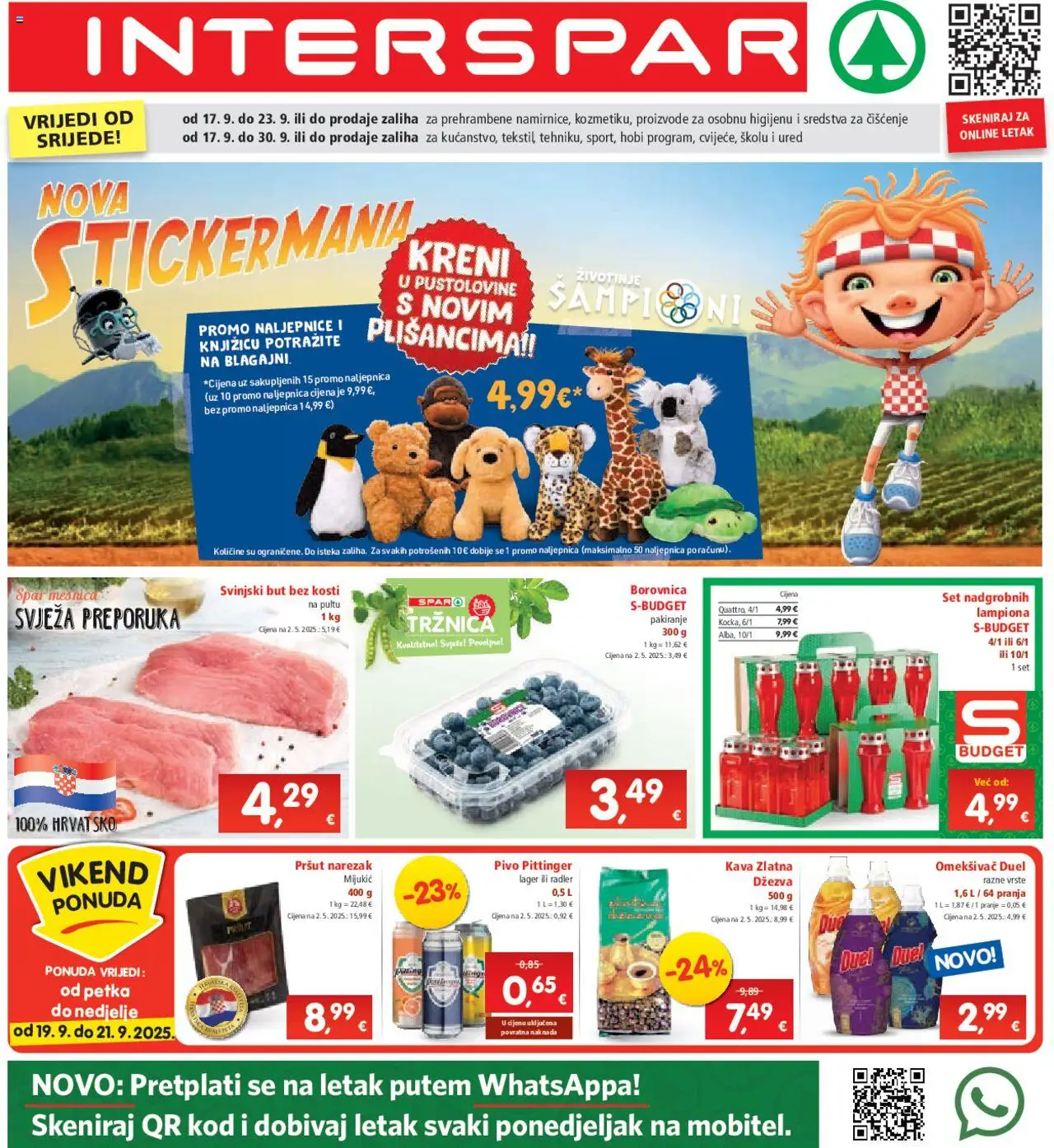 Pregled letka Katalog trgovine Interspar vrijedi od 17.09.2025 - Pivo, Pršut, Borovnica, Radler, Svinjski but, Omekšivač, Lager, Sredstva za čiščenje