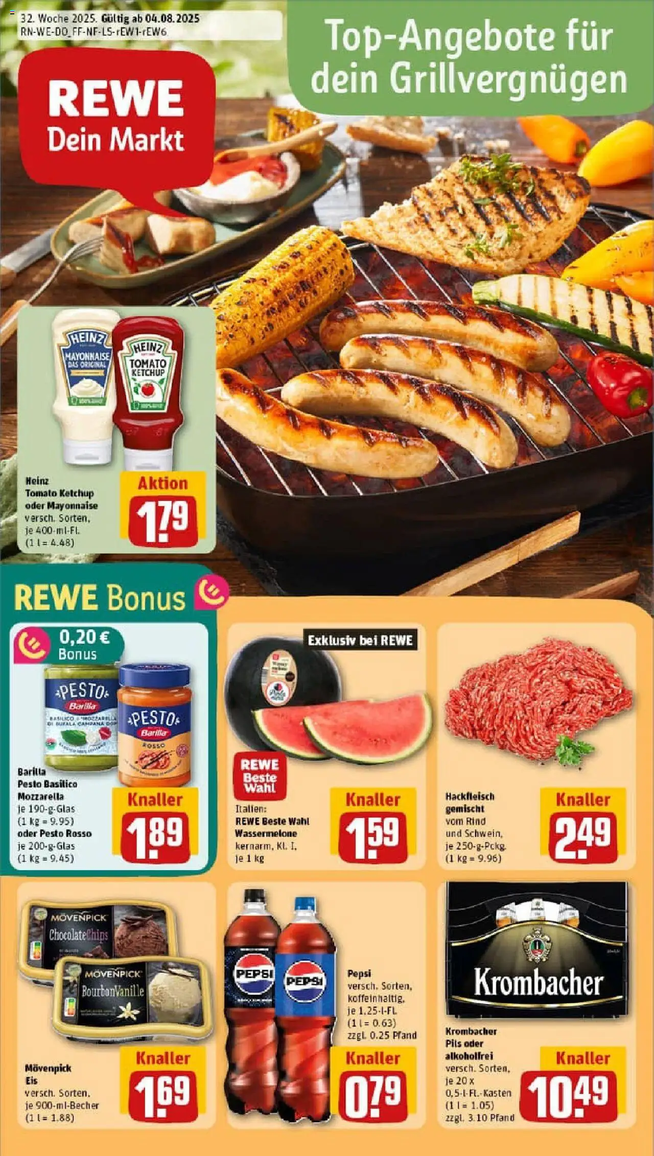 REWE Prospekt ab 03.08.2025 nächste Woche - Prospekt Duisburg - Eis, Chips, Krombacher, Hackfleisch, Mayonnaise, Wassermelone, Barilla pesto, Movenpick eis