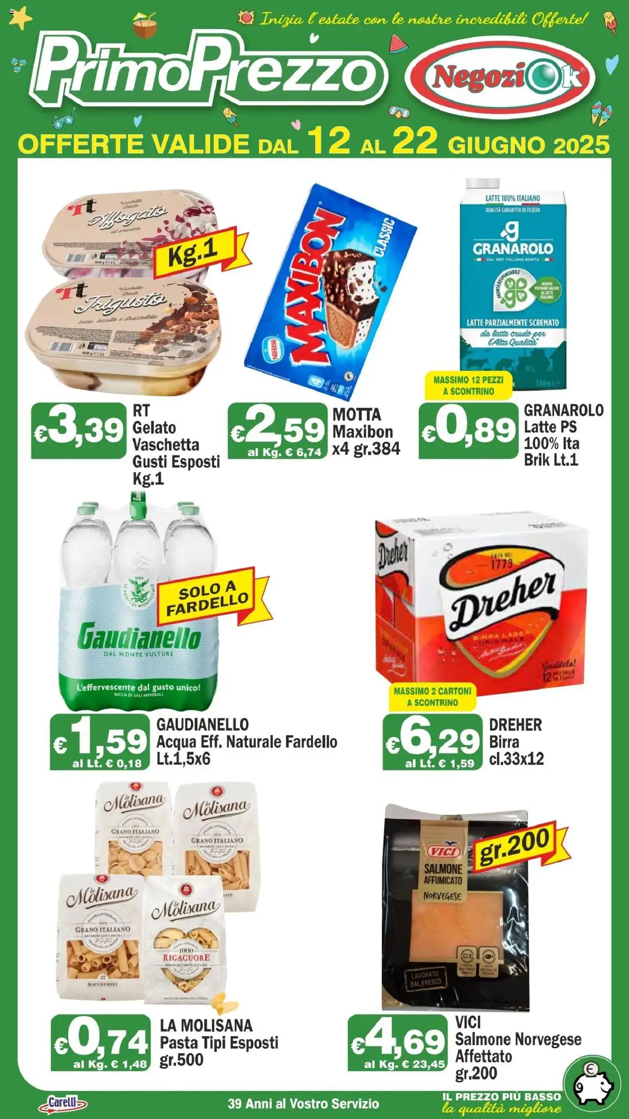 Volantino Primo Prezzo valido da 12/06/2025 numero di pagina 1 - Birra, Latte, Maccheroni, Salmone, Basso, La Molisana, Latte parzialmente scremato, Dreher Birra