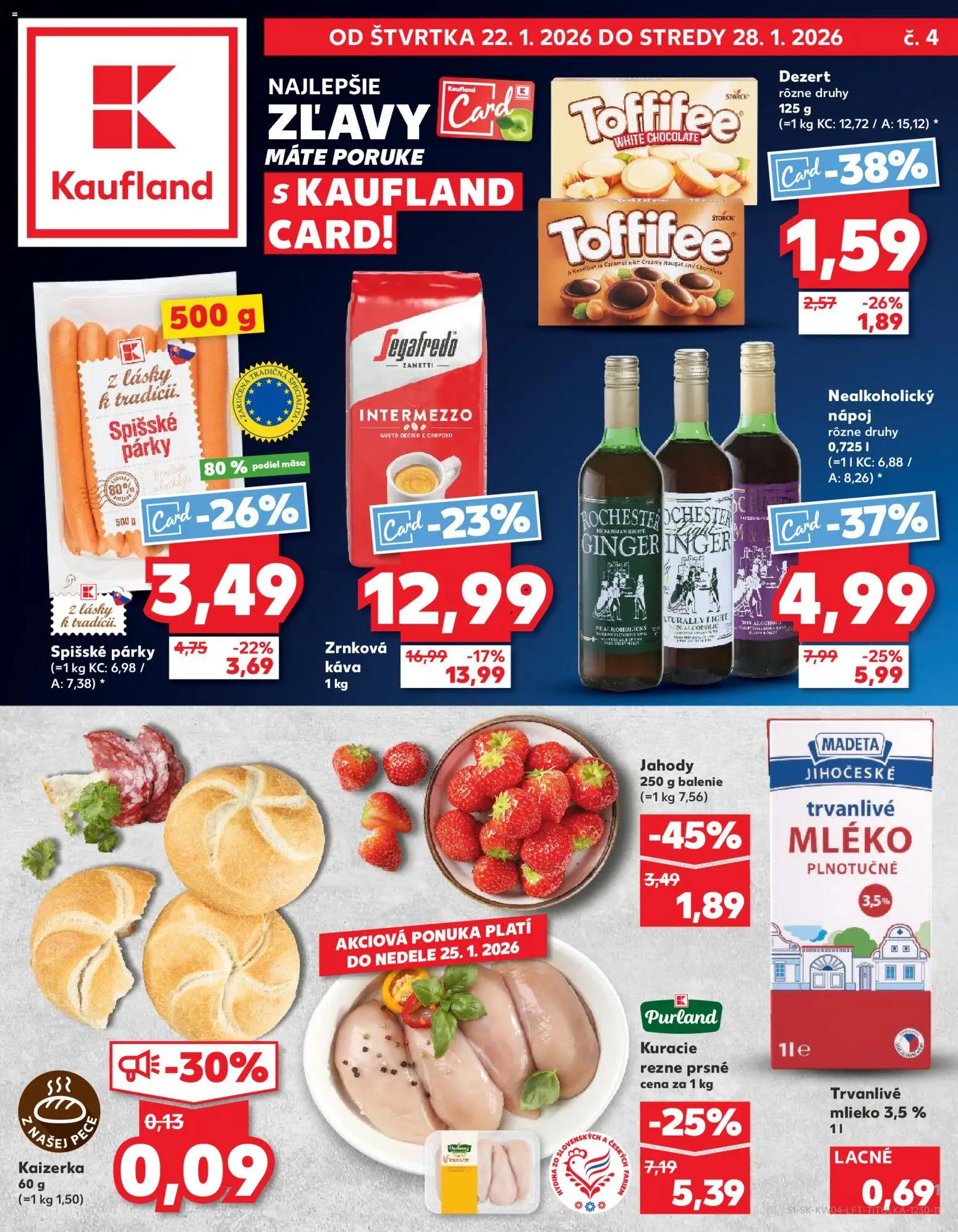 Náhľad Kaufland letáku platného od 22.01.2026 - Káva, Mlieko, Jahody, Kuracie rezne, Toffifee, Zrnková káva, Párky, Mlieko 3,5 %