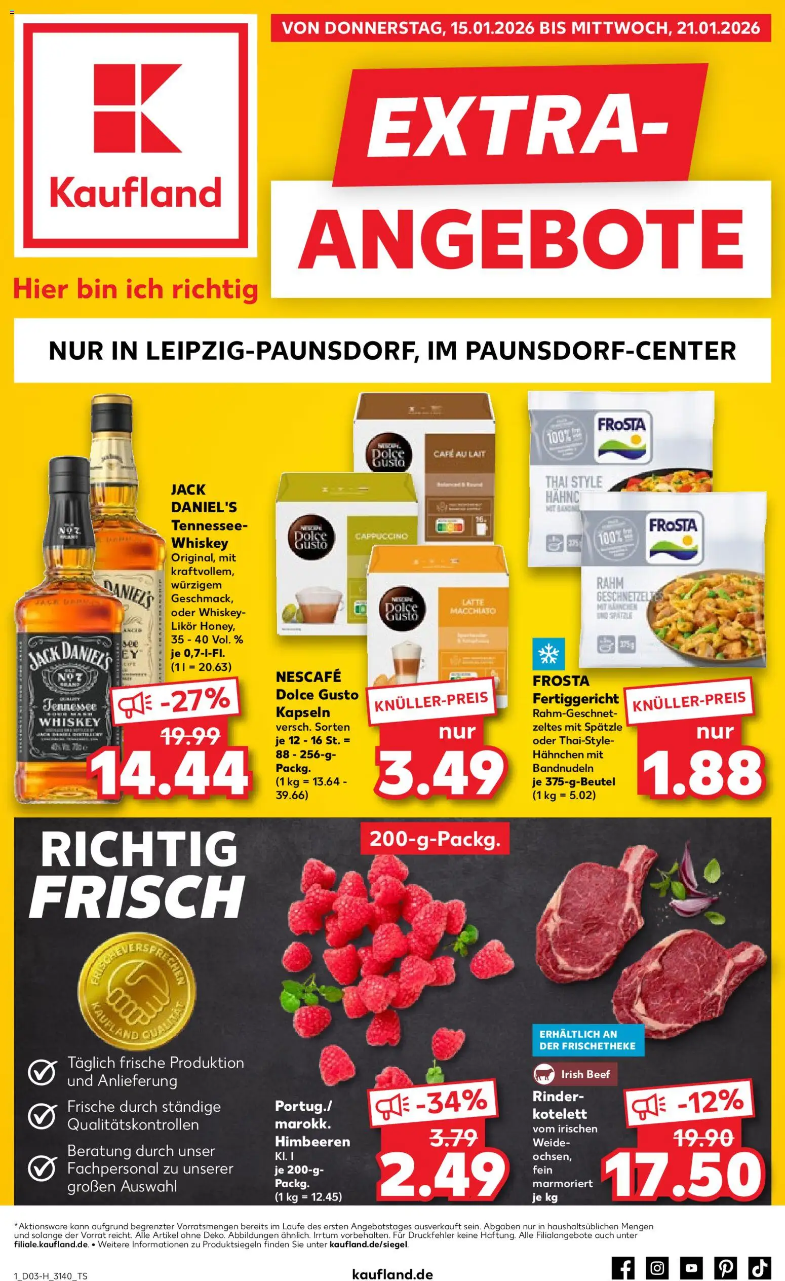 Vorschau von dem Prospekt des Geschäftes Kaufland, gültig ab dem 15.01.2026 - Himbeeren, Dolce gusto, Frosta, Whiskey, Dolce Gusto kapseln, Nescafe, Likör, Hahnchen