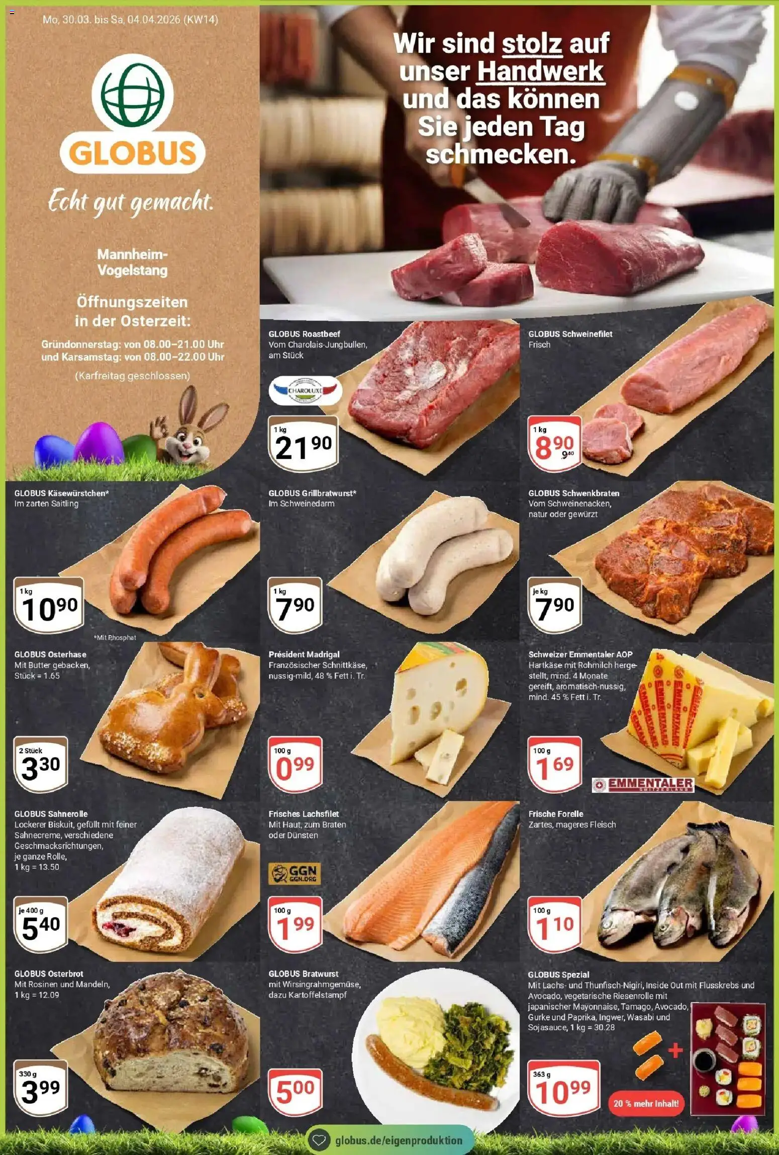 Vorschau von dem Prospekt des Geschäftes Globus, gültig ab dem 30.03.2026 - Uhr, Butter, Bratwurst, Lachs, Roastbeef, Fleisch, Schweinefilet, Rosinen