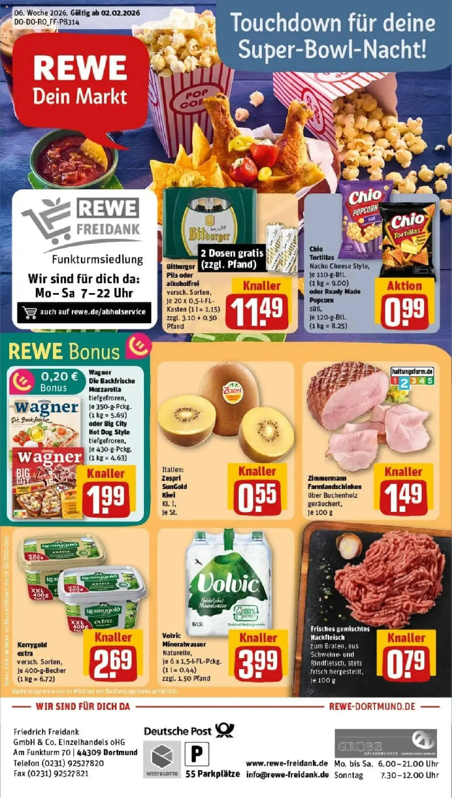Vorschau von dem Prospekt des Geschäftes Rewe, gültig ab dem 02.02.2026 - Telefon, Butter, Kiwi, Tortillas, Mozzarella, Bitburger, Volvic, Pils