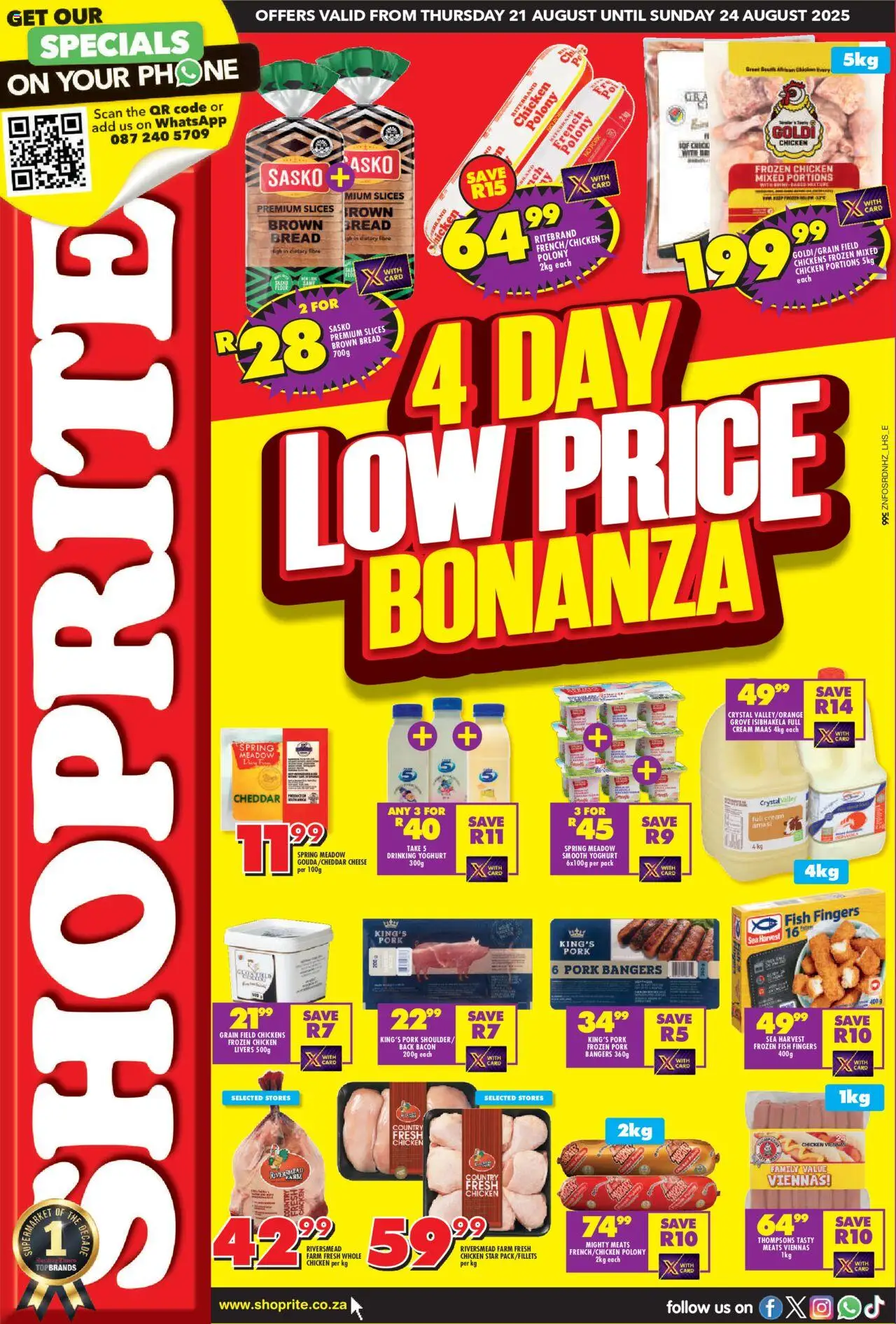Shoprite KwaZulu-Natal - Low Price Bonanza 21/08 - 24/08/2025 >> Catalogue - Phone, Chicken, Cheese, Bread, Cream, Pork, Bacon, Frozen chicken