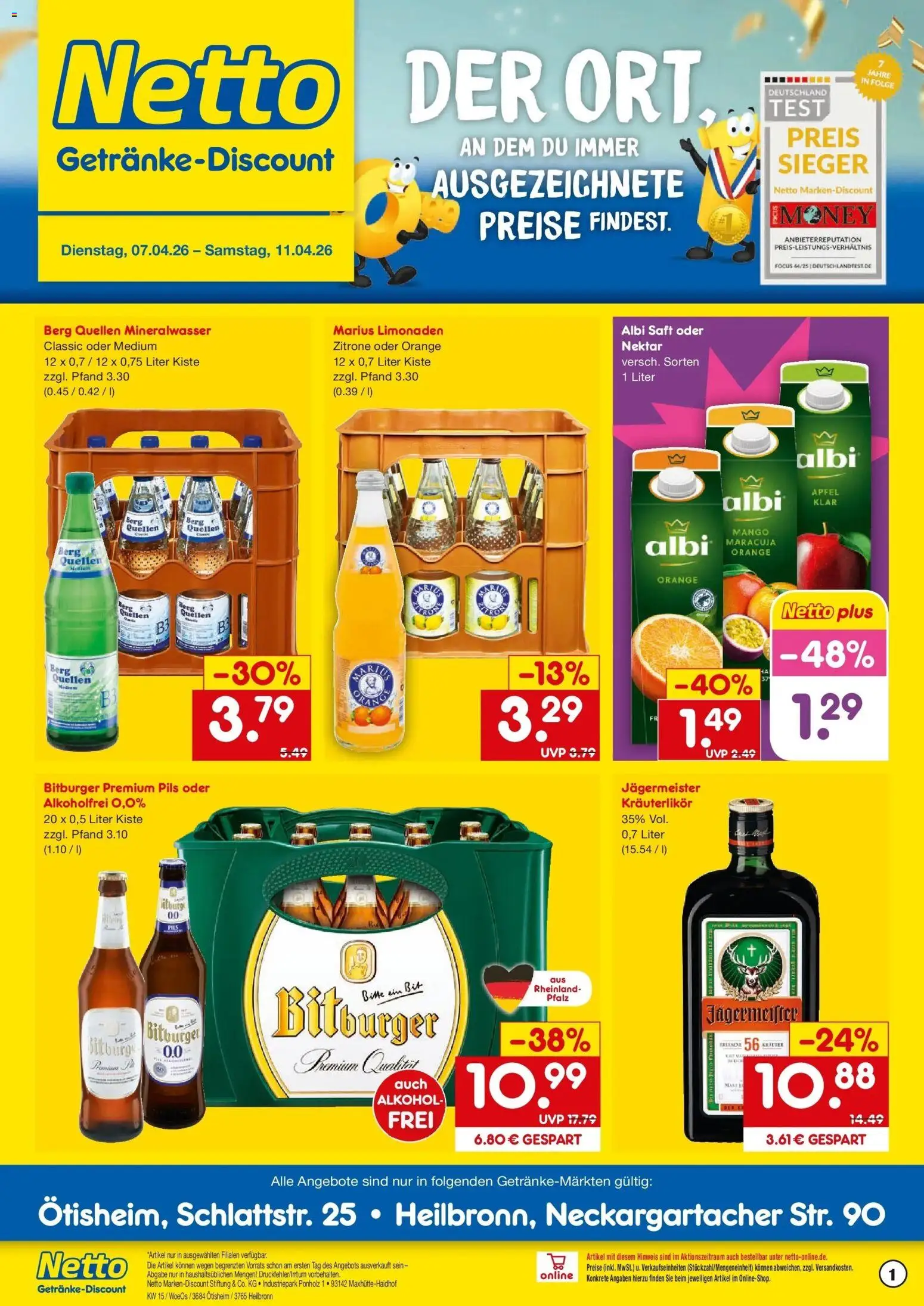Vorschau von dem Prospekt des Geschäftes Netto Marken-Discount, gültig ab dem 07.04.2026 - Burger, Äpfel, Jägermeister, Mineralwasser, Alkohol, Zitrone, Saft, Pils