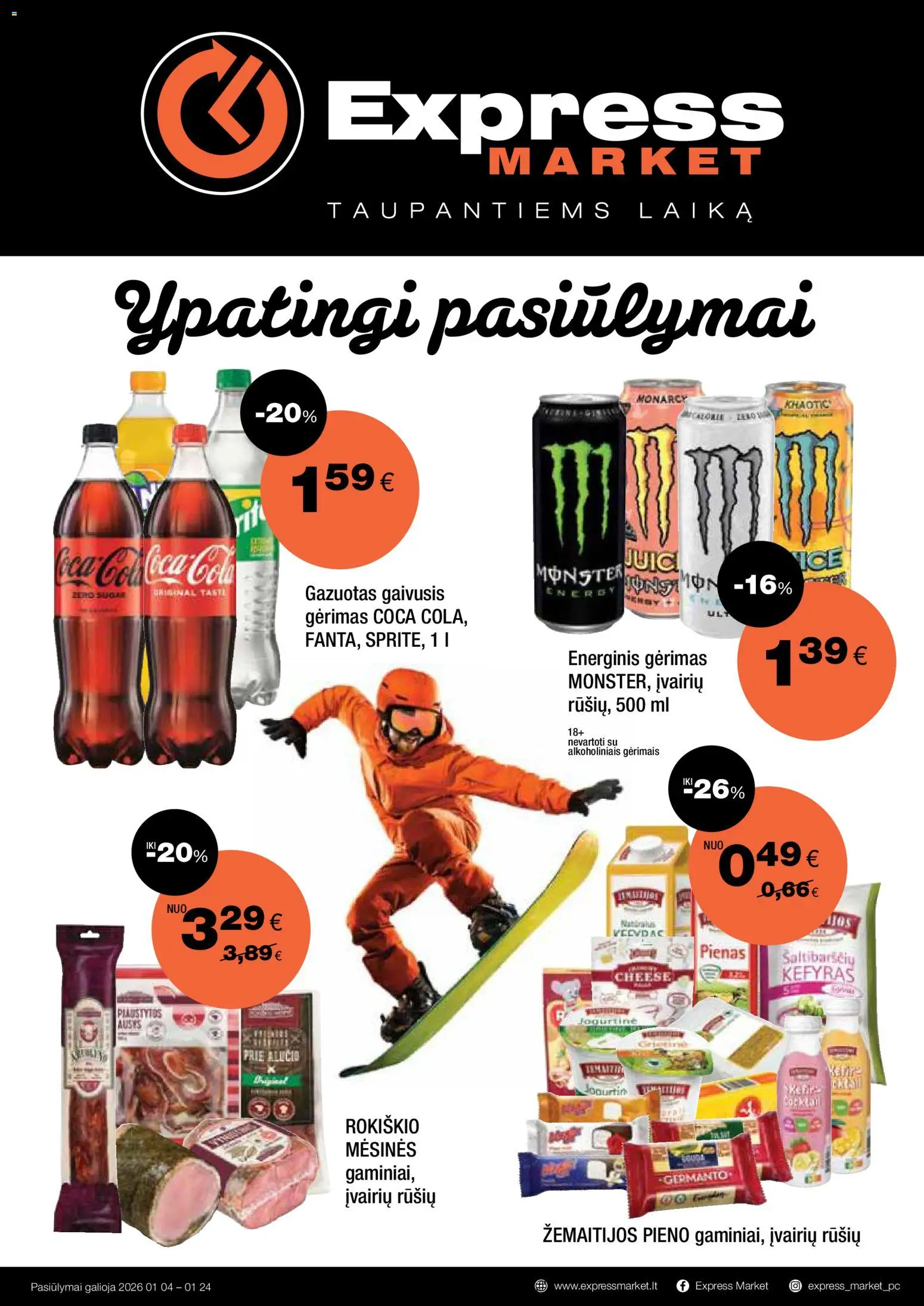 Express market parduotuvės leidinio Leidinys galiojančio nuo 2026.01.04 peržiūra - Pienas, Energinis gėrimas