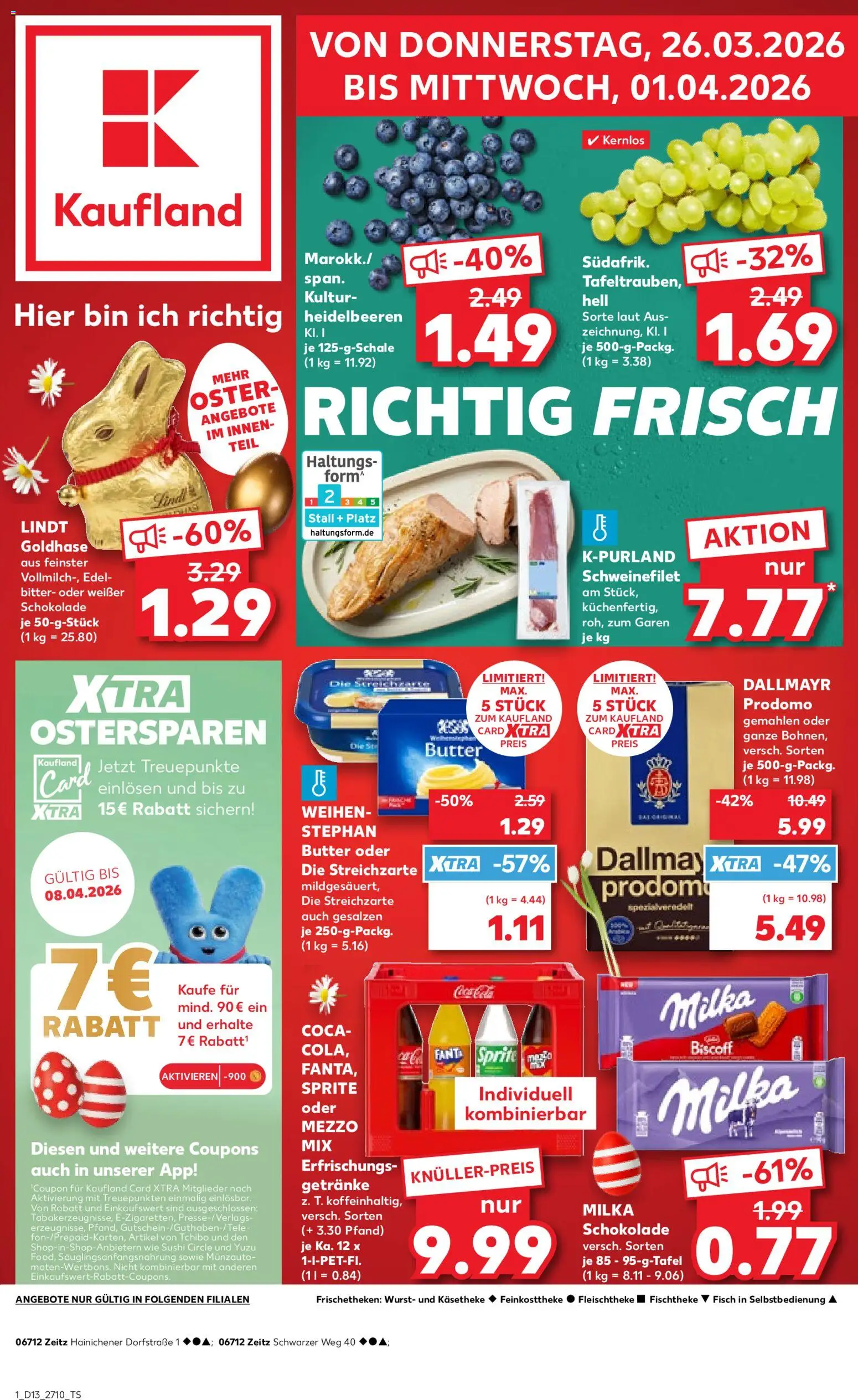 Vorschau von dem Prospekt des Geschäftes Kaufland, gültig ab dem 26.03.2026 - Butter, Schokolade, Heidelbeeren, Dallmayr, Sprite, Mezzo mix, Dallmayr prodomo, Oder mezzo mix
