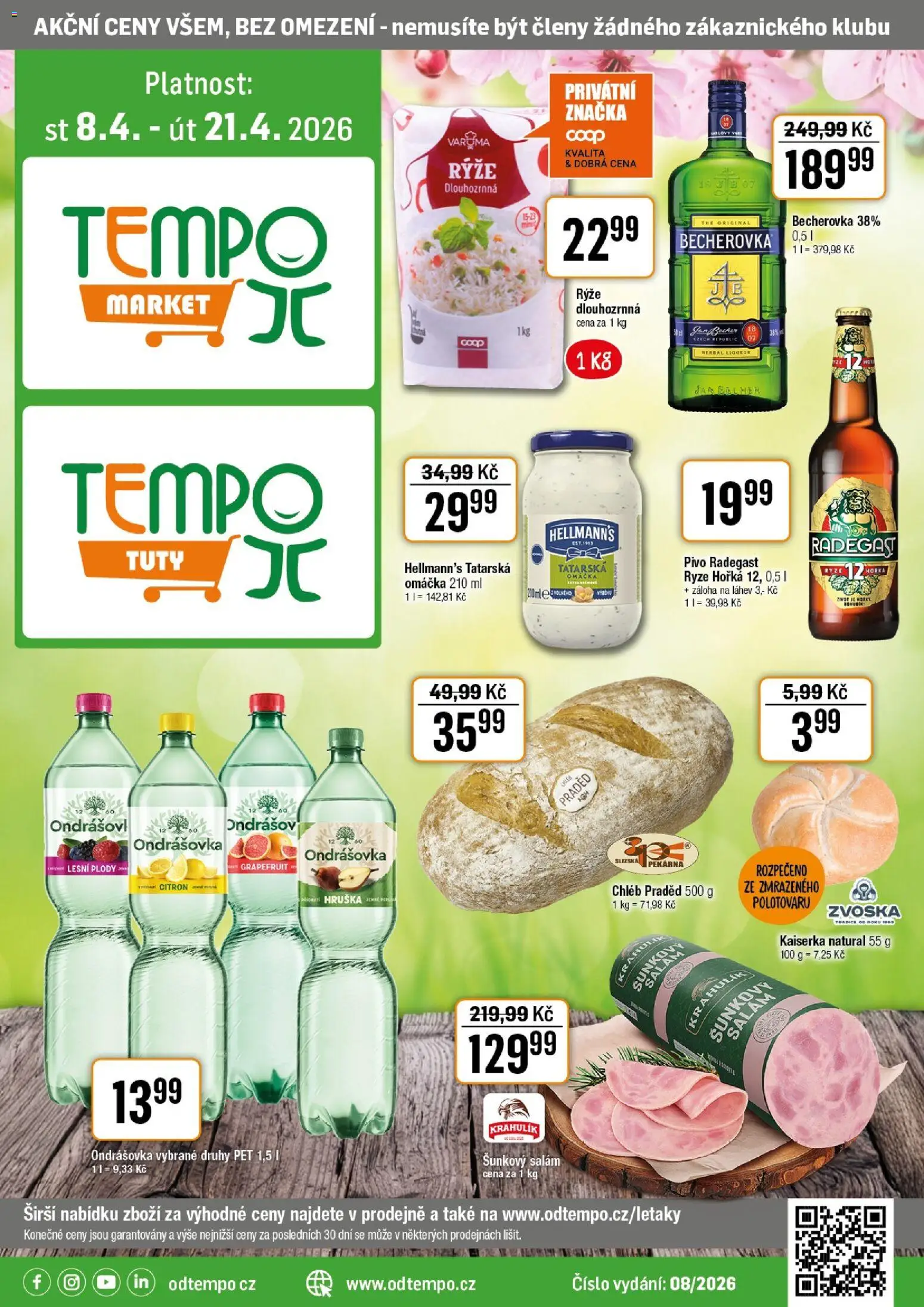 Náhled nabídky: Tempo Tempo leták platný od 08.04.2026 - Pekárna, Becherovka, Chléb, Citron, Grapefruit, Láhev, Kaiserka, Ondrášovka