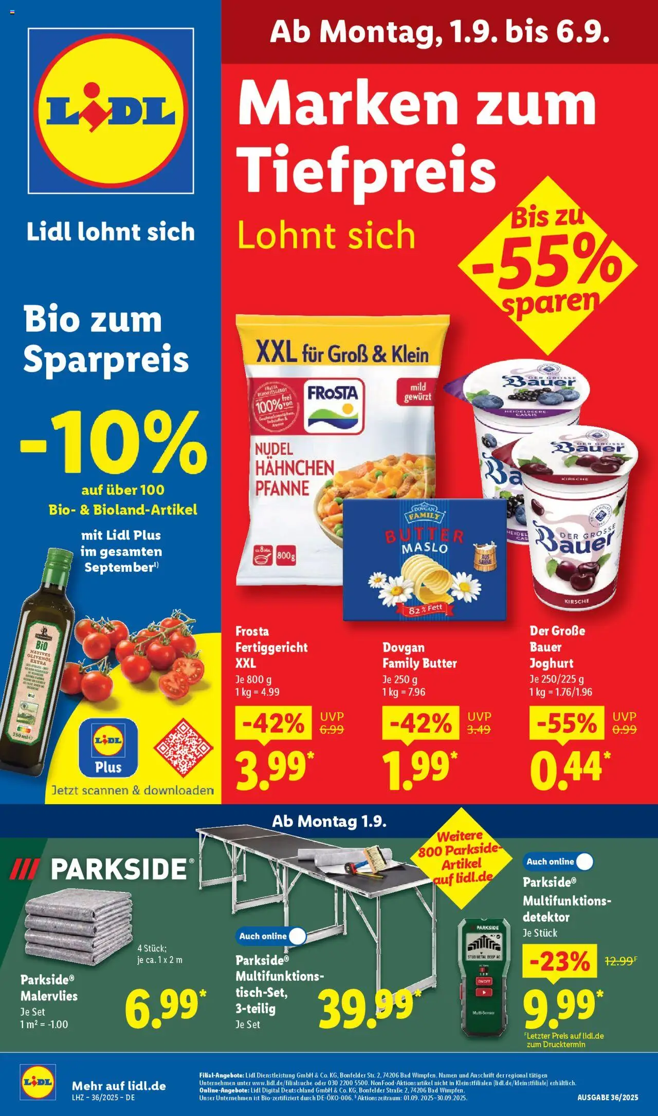 LIDL Prospekt ab Montag 01.09.2025 > Prospekt Dornstetten - Butter, Bad, Joghurt, Frosta, Hahnchen, Olivenol