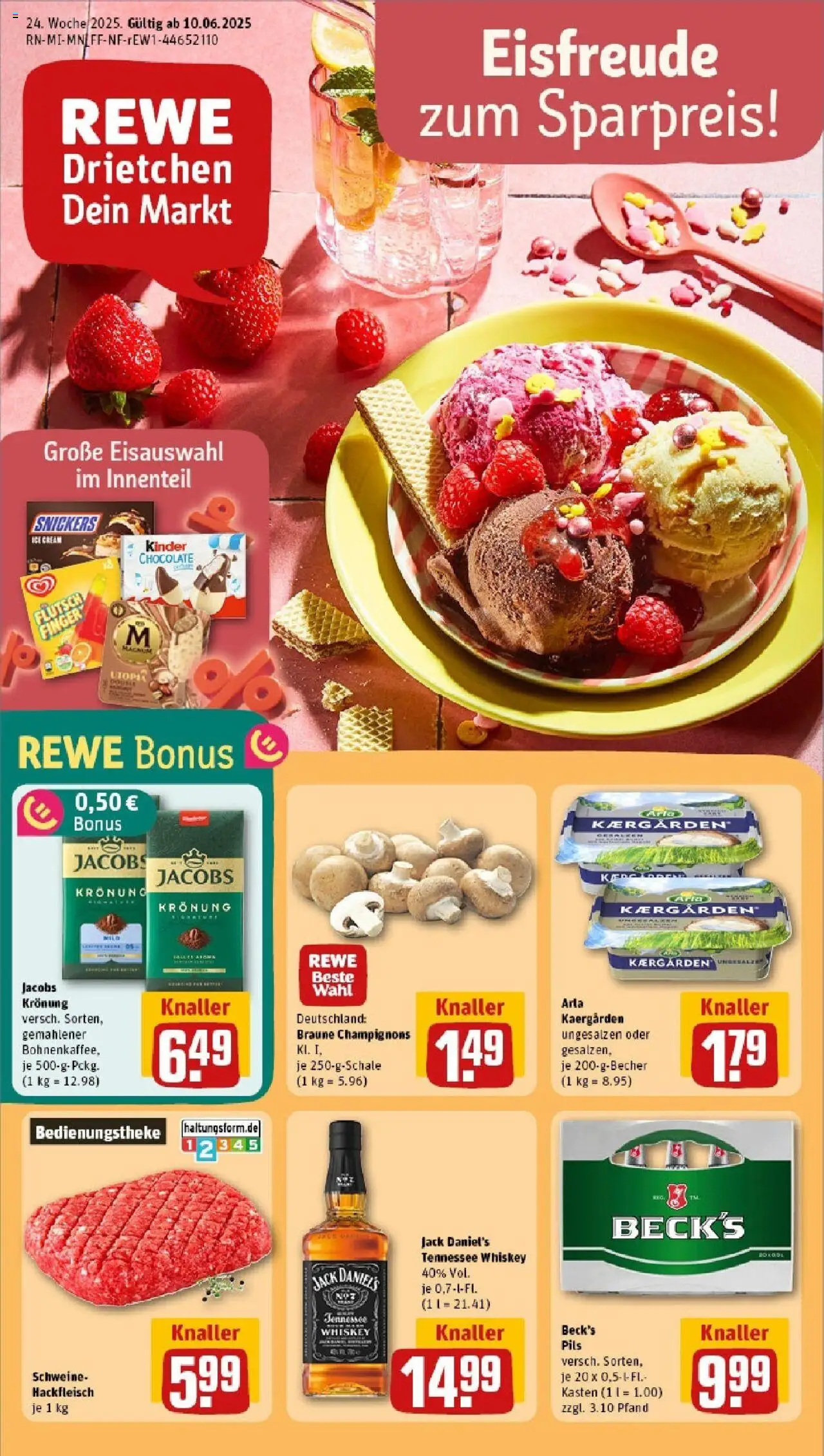 REWE Prospekt ab 08.06.2025 nächste Woche - Prospekt Bad Sooden-Allendorf - Butter, Hackfleisch, Champignons, Snickers, Whiskey, Pils, Jack Daniel's