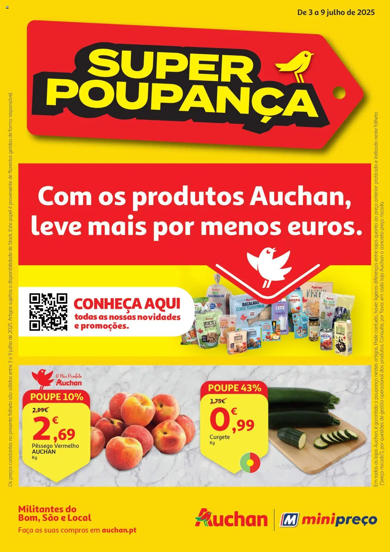 Auchan Folheto de 03/07/2025 - catálogo esta semana - página 1 - Soja, Muesli, Bacalhau, Curgete, Leite, Queijo, Salada, Bebida