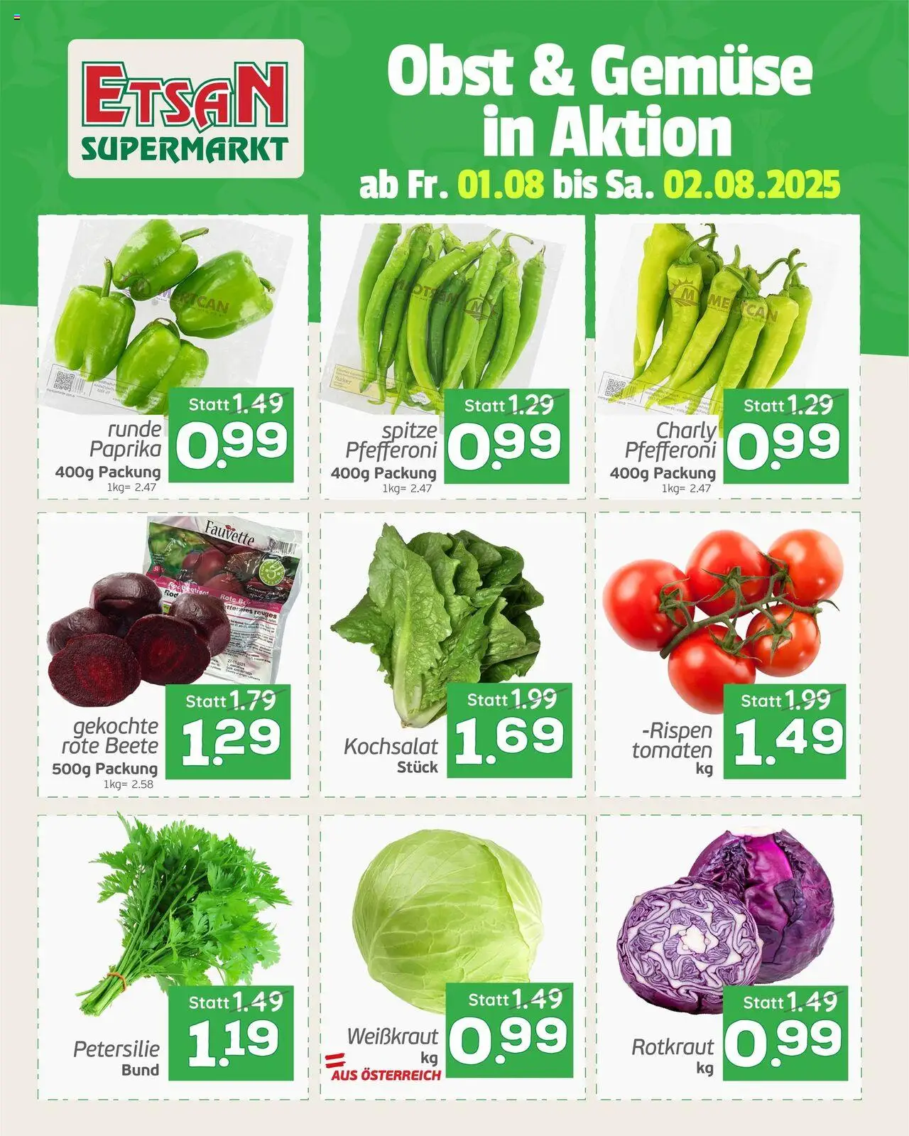  ETSAN Flugblatt ab (01.08.2025 - 02.08.2025) - Seite 1 - Gemüse, Petersilie, Obst, Tomaten, Rote Beete