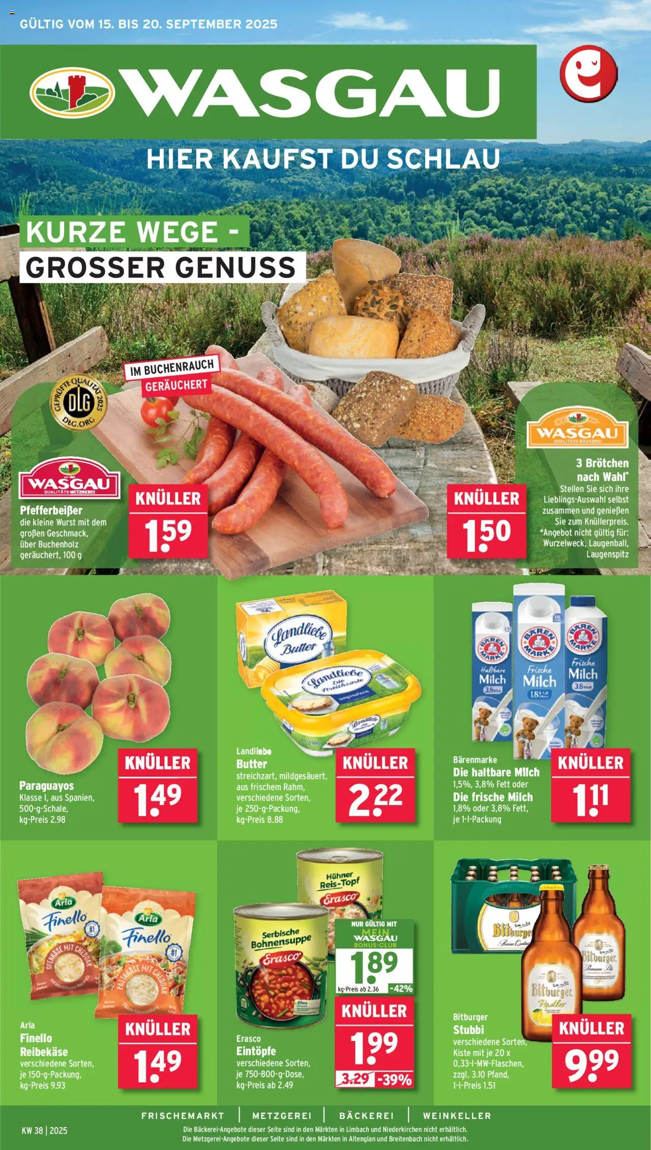 Wasgau Prospekt (vom 15.09.2025 - 20.09.2025) - Butter, Wurst, Milch, Bitburger, Radler, Haltbare milch, Landliebe butter, Reibekase