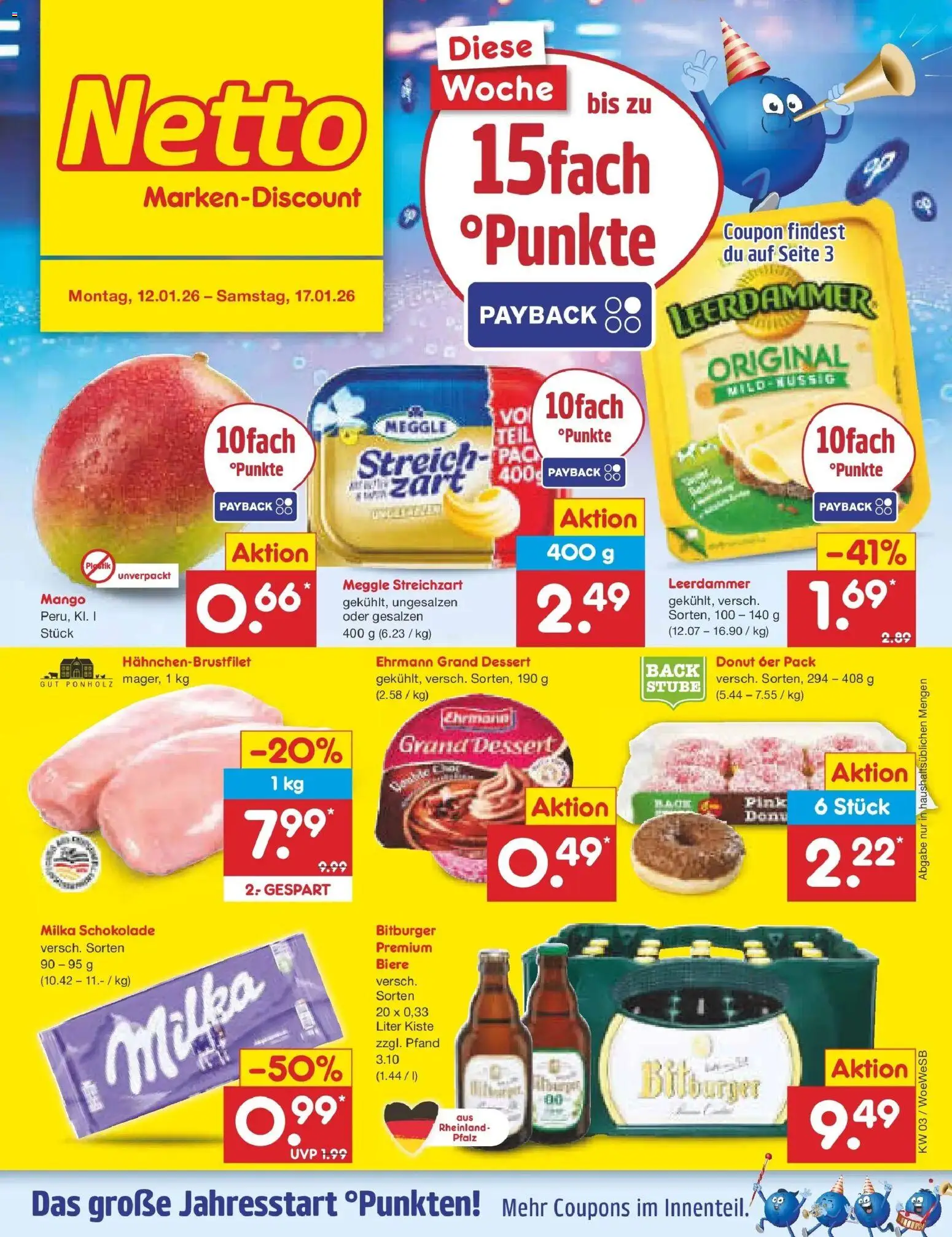 Vorschau von dem Prospekt des Geschäftes Netto Marken-Discount, gültig ab dem 12.01.2026 - Mango, Schokolade, Milka schokolade, Milka, Bitburger, Leerdammer, Ehrmann grand dessert