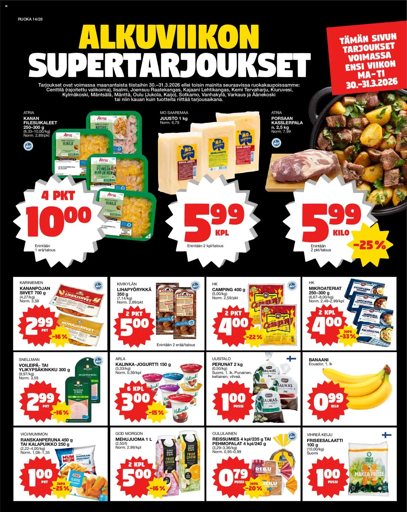 Kaupan Tokmanni Tokmanni ruokatarjoukset esikatselu, voimassa 30/03/2026 - Jauheliha, Peruna, Juusto, Kinkku, Hunaja, Kerma, Voileipä