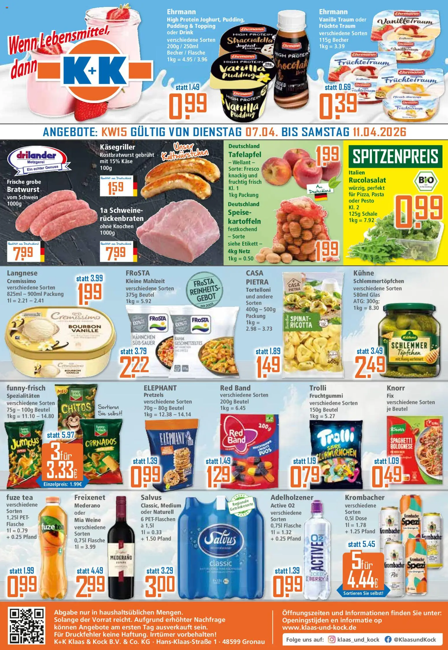 Vorschau von dem Prospekt des Geschäftes Klaas & Kock, gültig ab dem 07.04.2026 - Käse, Pasta, Krombacher, Kartoffeln, Vanille, Bourbon, Langnese, Cremissimo