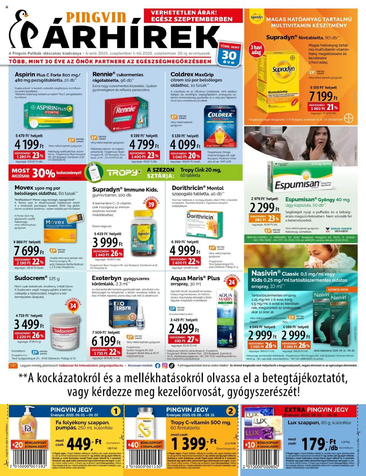 Pingvin Patika aktuális szórólap, érvényes 2025.09.01.-től - 1 oldal - FA, Sudocrem, Omega, Supradyn, Rennie, Felső, Pezsgőtabletta, Eszköz