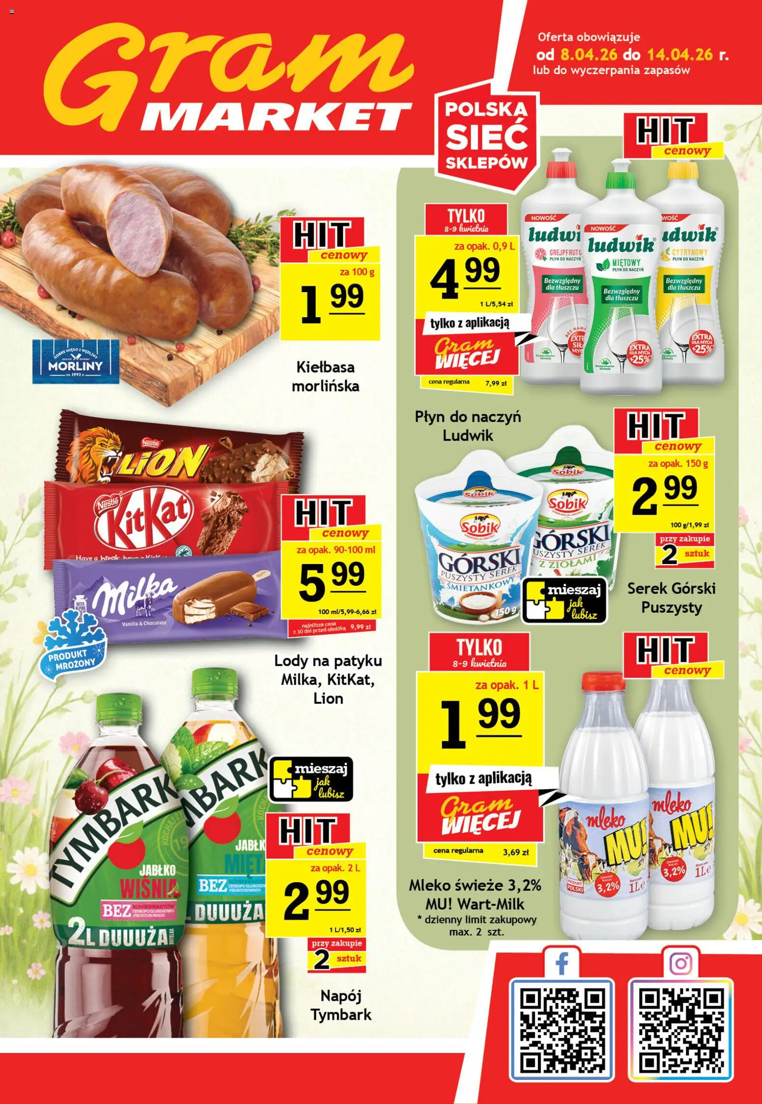 Pogląd gazetki "Gram Market gazetka" ze sklepu Gram Market ważnej od 08.04.2026 - Lody, Mleko, Tymbark, Milka, Wędliny, Kiełbasa, Lody na patyku, Serek